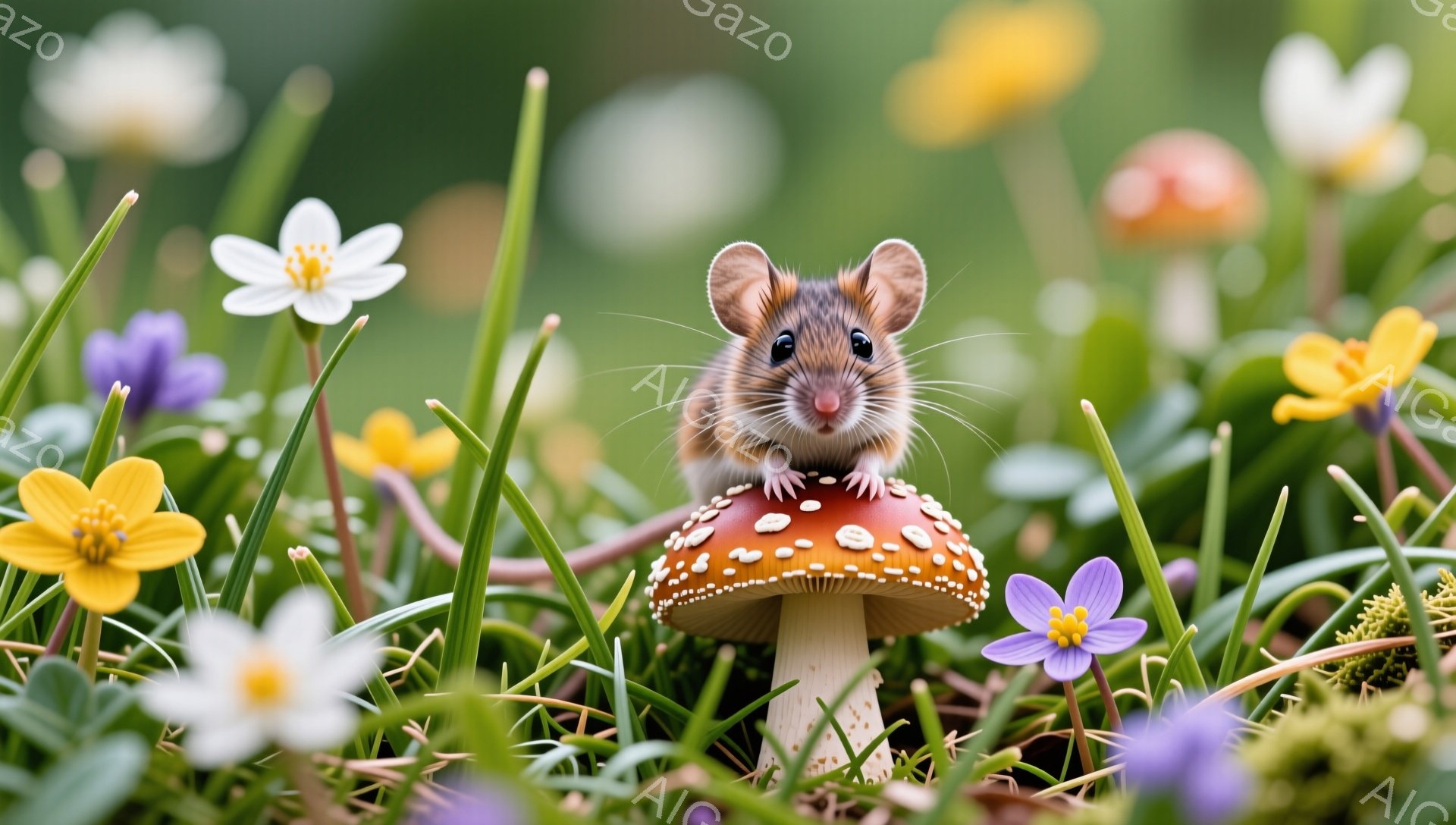 小さなネズミが赤いキノコの上に座っています。周囲には様々な色の花が咲き乱れ、緑の草が生い茂っています。明るい日差しが降り注ぎ、穏やかで平和な雰囲気です。