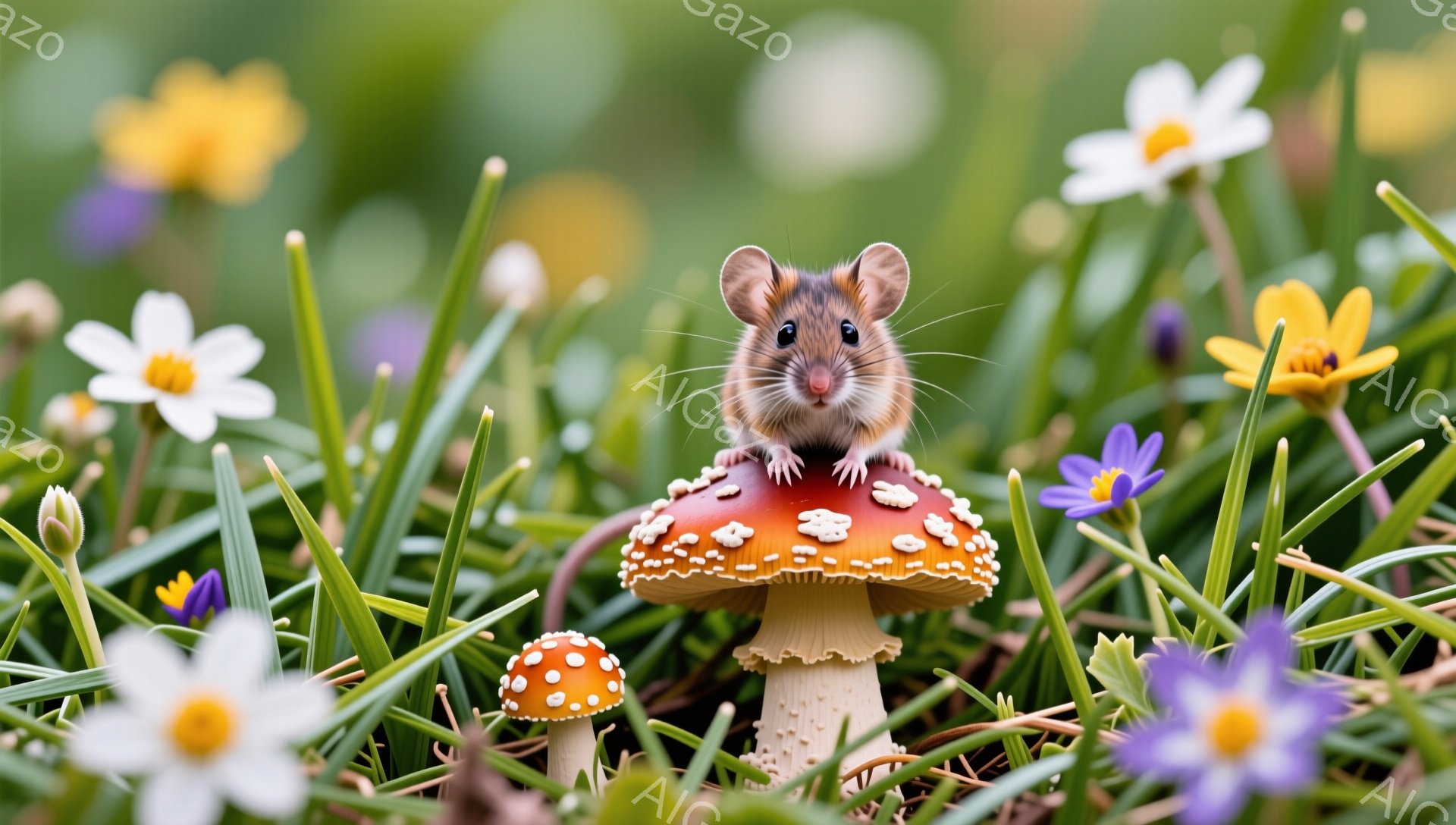 緑の草むらの中に赤いキノコがあり、その上に小さなネズミが立っています。ネズミは好奇心に満ちた表情で、周囲を見渡しているようです。花々が咲き乱れる背景は、春の暖かい雰囲気を醸し出しています。
