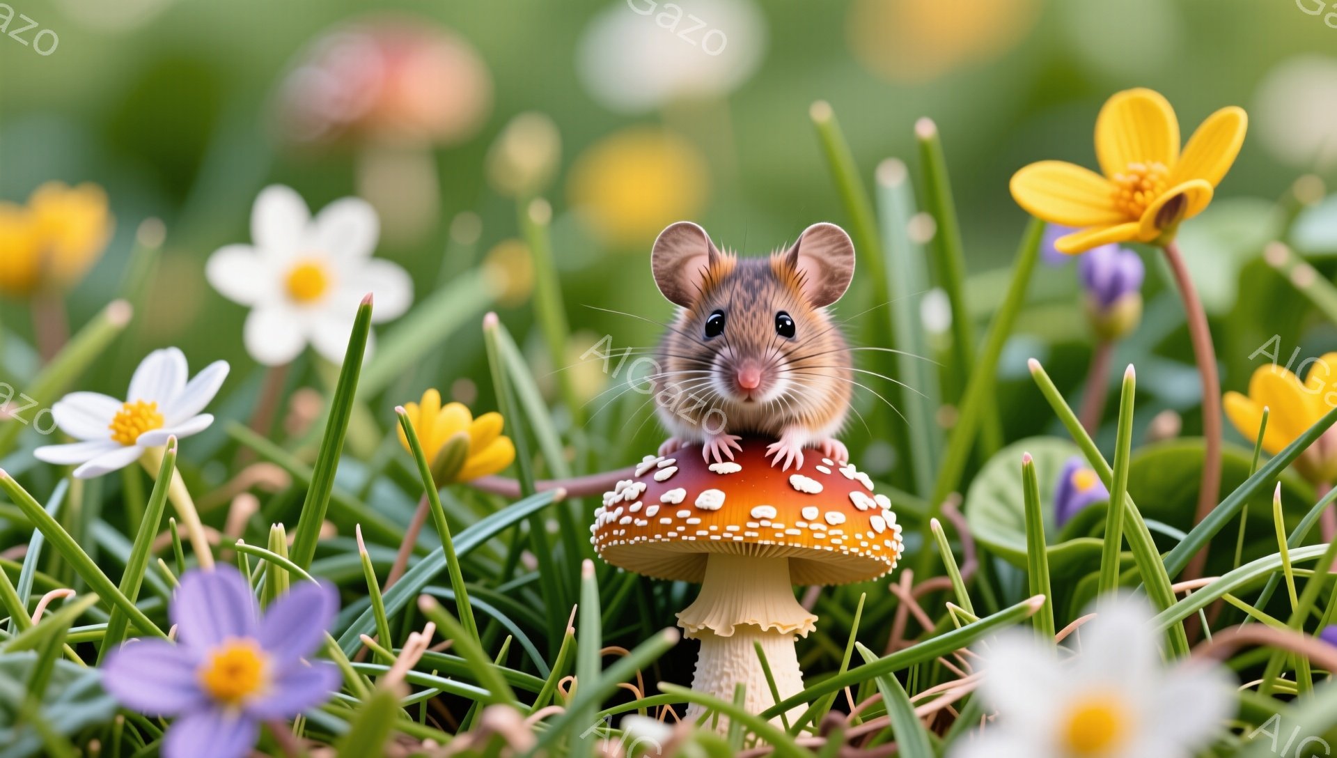 可愛らしいネズミが、赤いきのこの上にちょこんと座っています。周りには様々な色の花が咲き乱れ、春の暖かな雰囲気を感じさせます。鮮やかな色彩と小さな生き物の組み合わせが、見る人を魅了します。