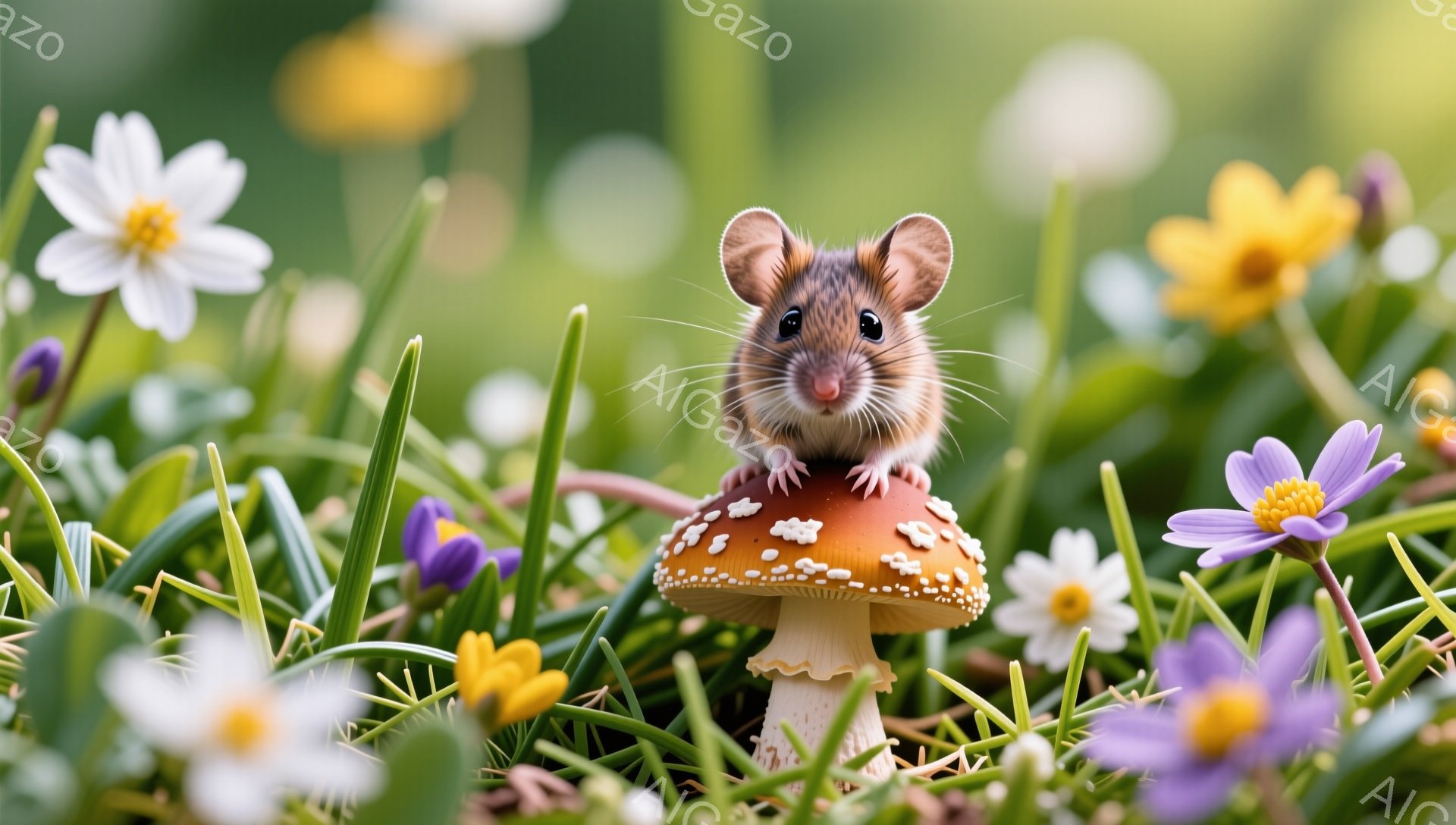 小さなネズミが赤いキノコの傘の上に座ってこちらを見ています。周囲には色とりどりの花々が咲き乱れ、緑の草が茂っています。春の暖かく穏やかな雰囲気が伝わってくる、可愛らしい光景です。