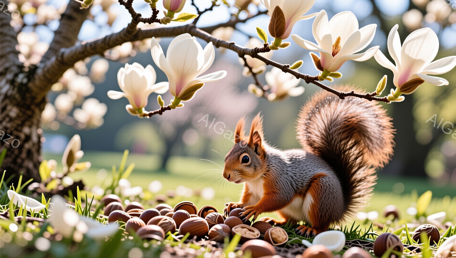 リスが地面に散らばったドングリの中でうろうろしています。背景には白く美しい木の花が咲き乱れ、春の穏やかな雰囲気を醸し出しています。太陽の光が暖かく、リスの毛並みやドングリを照らしています。