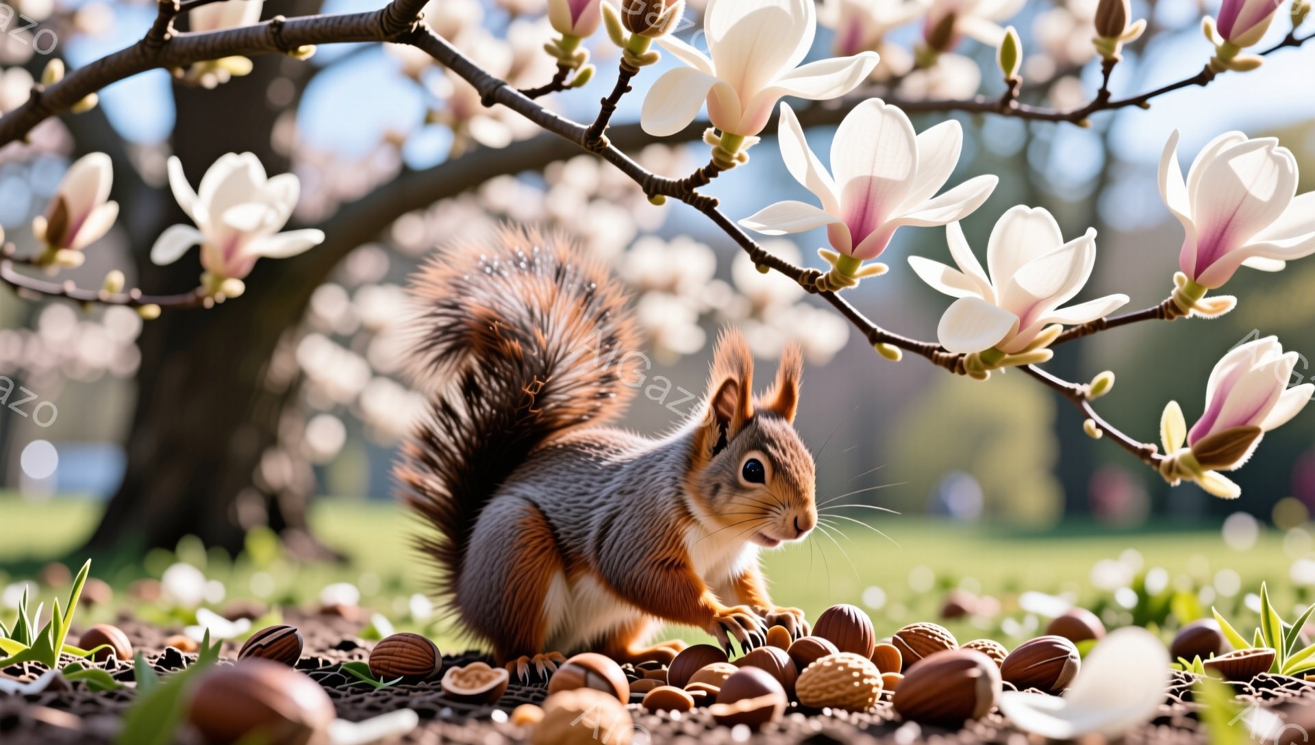明るい日差しの下、リスが木の根元でどんぐりを美味しそうに頬張っています。背景には、桜の花が咲き誇り、春の暖かさを感じさせる穏やかな光景です。毛並みが美しく、可愛らしいリスの姿に心が和みます。