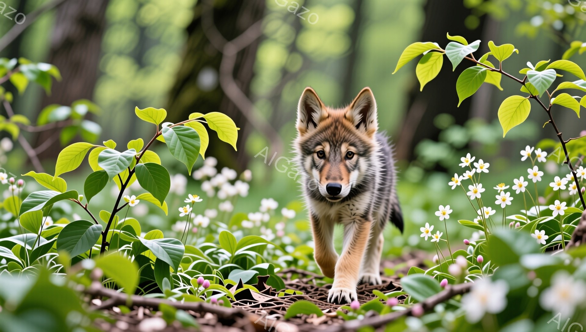 森の中で、若いオオカミが花の間を歩いている。日差しが差し込み、緑と白の花々が明るい雰囲気を醸し出している。オオカミはまっすぐ前を見据え、好奇心と活気に満ちた表情をしている。