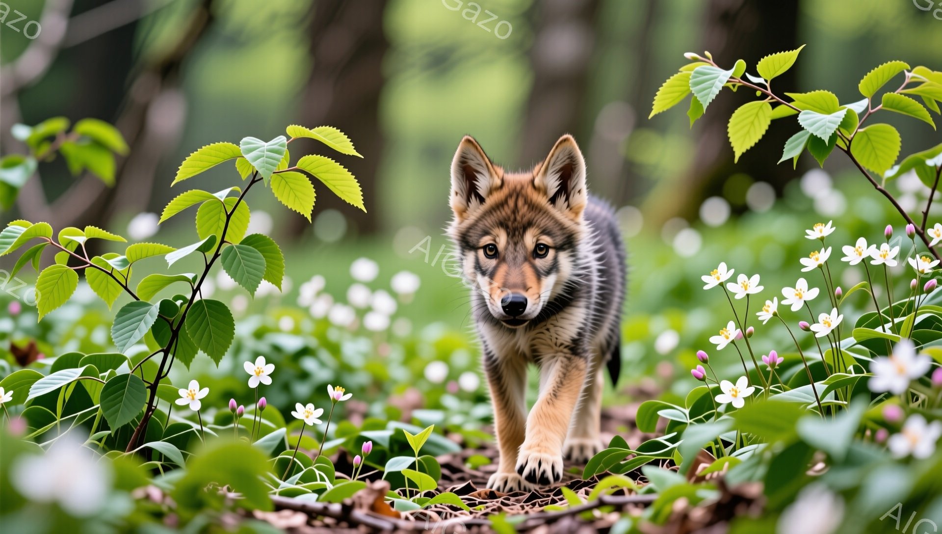 茂った緑と白い花の中に、小さなジャーマンシェパードの子犬が歩いています。子犬は前方に注目し、好奇心と冒険心に満ちた表情をしています。周囲の植物と柔らかい光が、平和で牧歌的な雰囲気を醸し出しています。