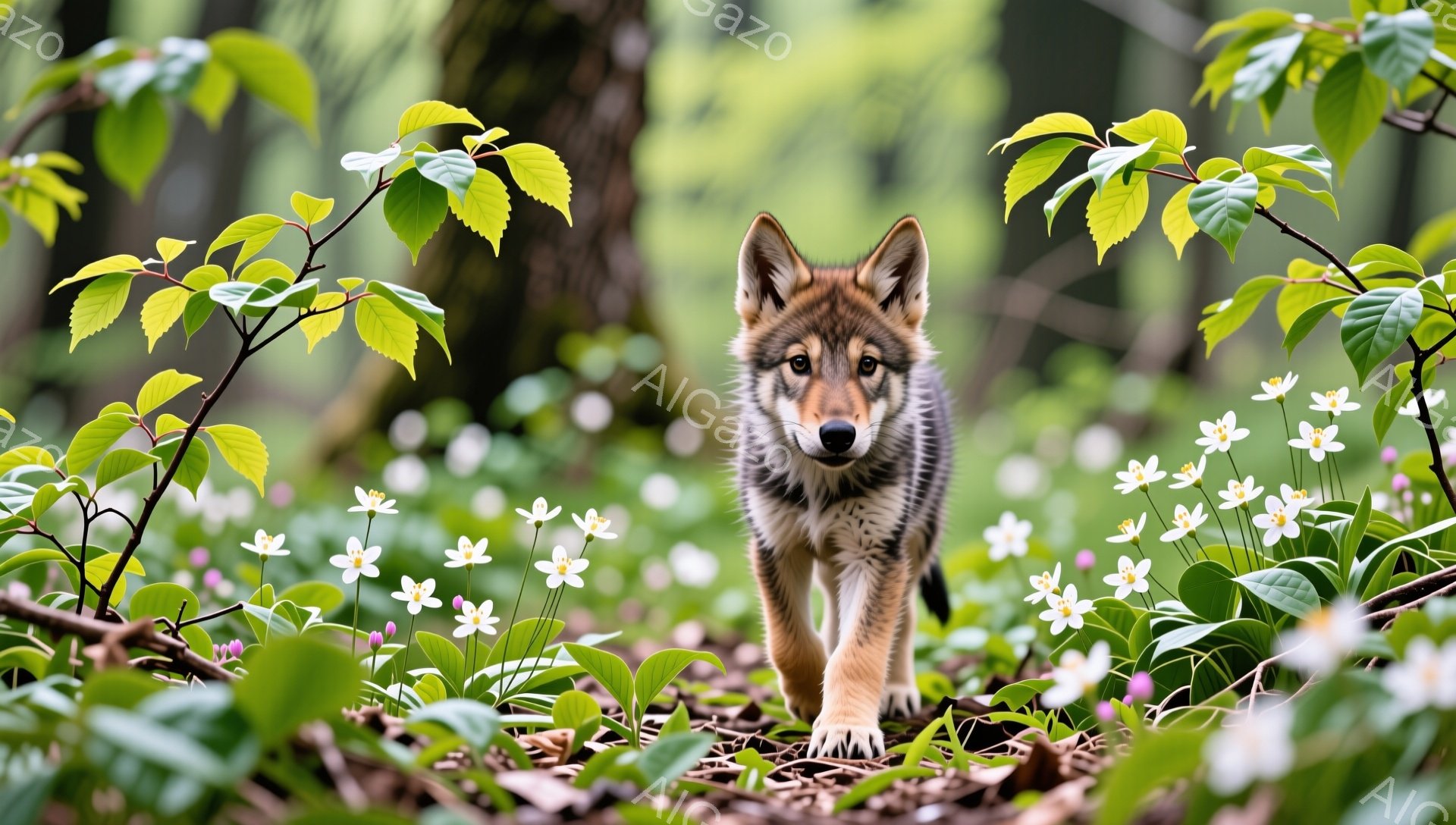 緑豊かな森の中で、子ギツネが前方に歩いています。周りには白い花が咲き乱れ、春の穏やかな雰囲気を醸し出しています。子ギツネは好奇心旺盛な表情で、何かを見つけようとしているようです。