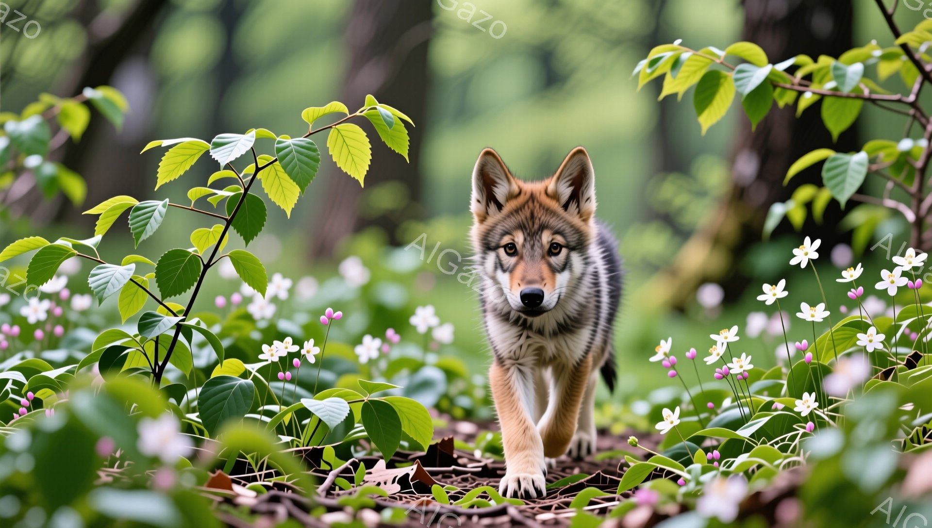 鬱蒼とした緑の中を、毛並みの美しい若いオオカミが歩いている。白い花々が咲き乱れる地面を、オオカミはまっすぐこちらを見つめ、少し警戒している様子だ。春の森の穏やかさと、オオカミの野生的な雰囲気が共存する、美しい情景である。