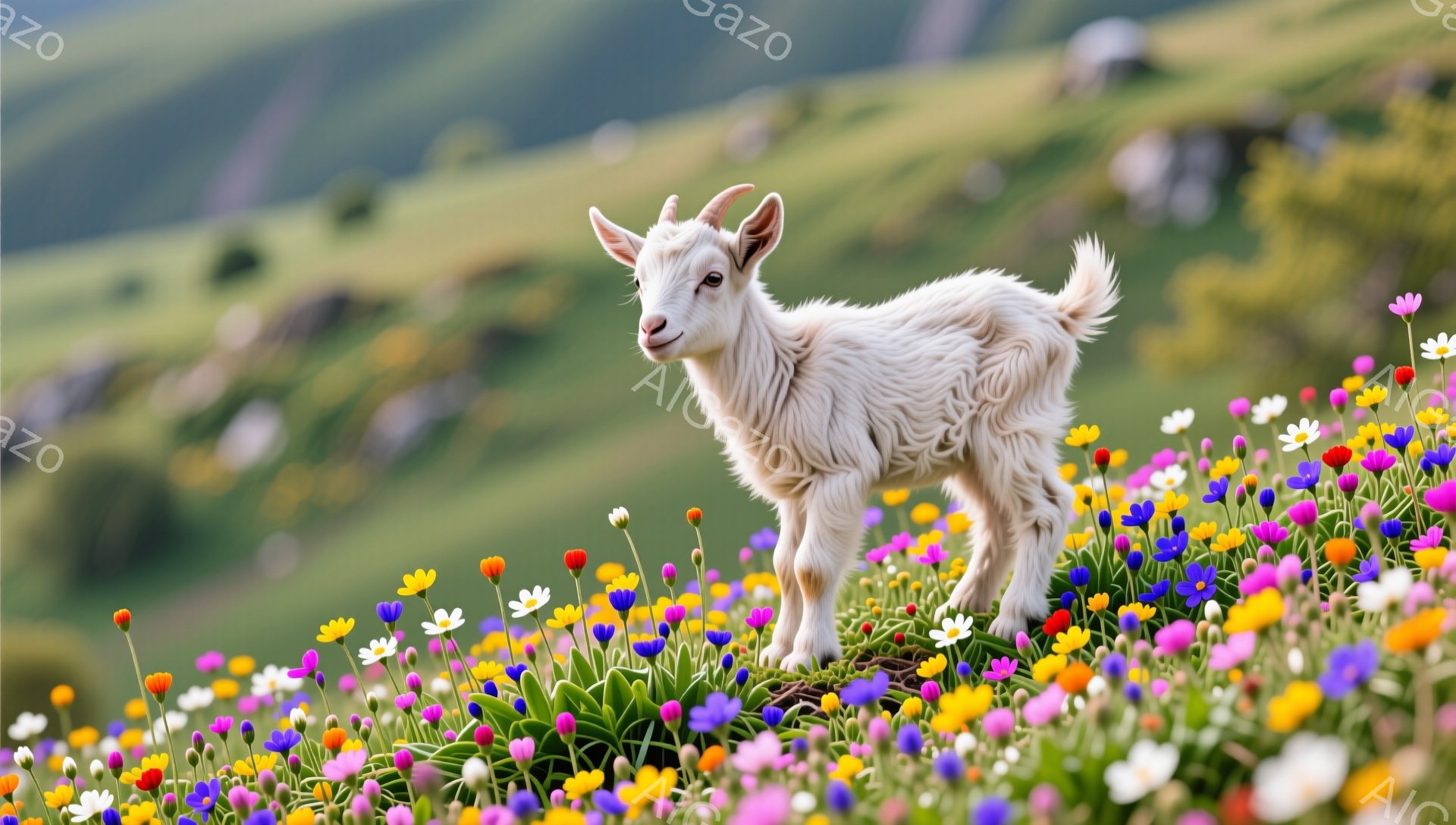 白いヤギが色とりどりの花畑の中に立っている。ヤギは好奇心旺盛そうに見え、顔を少し傾けてこちらを見ている。背景には緑の丘が広がり、穏やかで暖かい雰囲気が感じられる。 - AI生成フリー素材