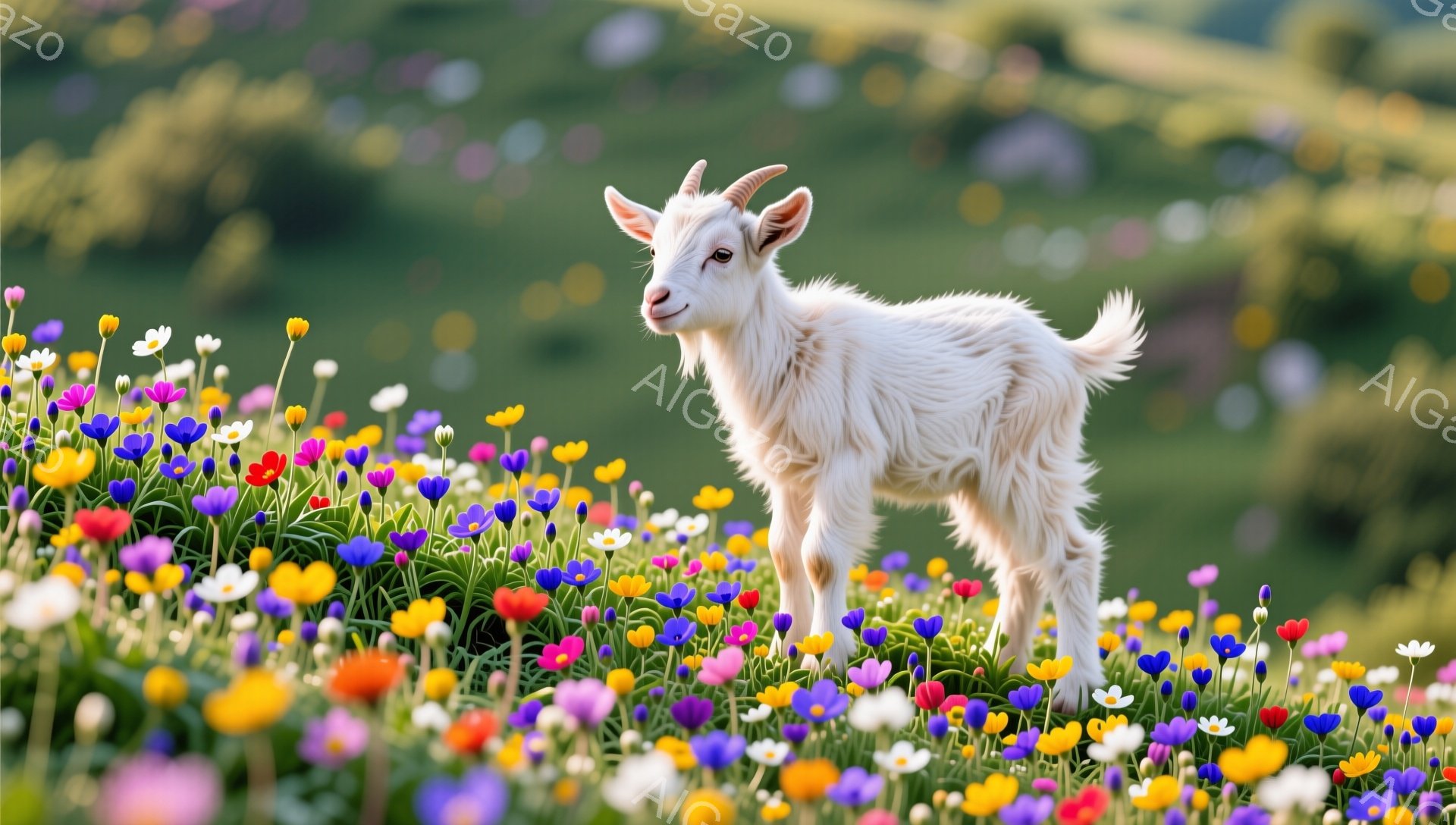 白い子ヤギが、色とりどりの花畑の中に立っている。緑の背景と鮮やかな花々が、のどかで優しい雰囲気を作り出している。子ヤギは好奇心旺盛な表情で、こちらを見ている。