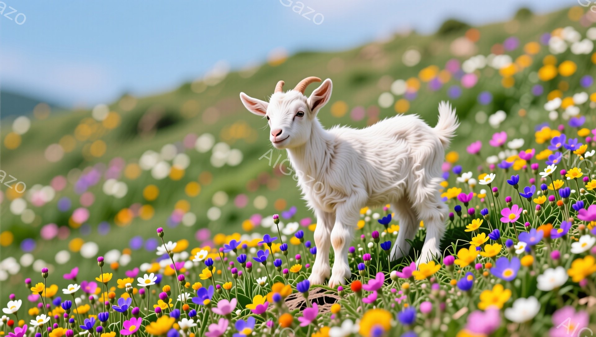 白いヤギが、色とりどりの花々が咲き乱れる草原の中で、好奇心いっぱいの表情でこちらを見ています。花畑は太陽の光を浴びて明るく輝き、平和で穏やかな雰囲気を醸し出しています。ヤギの毛並みは柔らかそうで、可愛らしい姿が目に留まります。