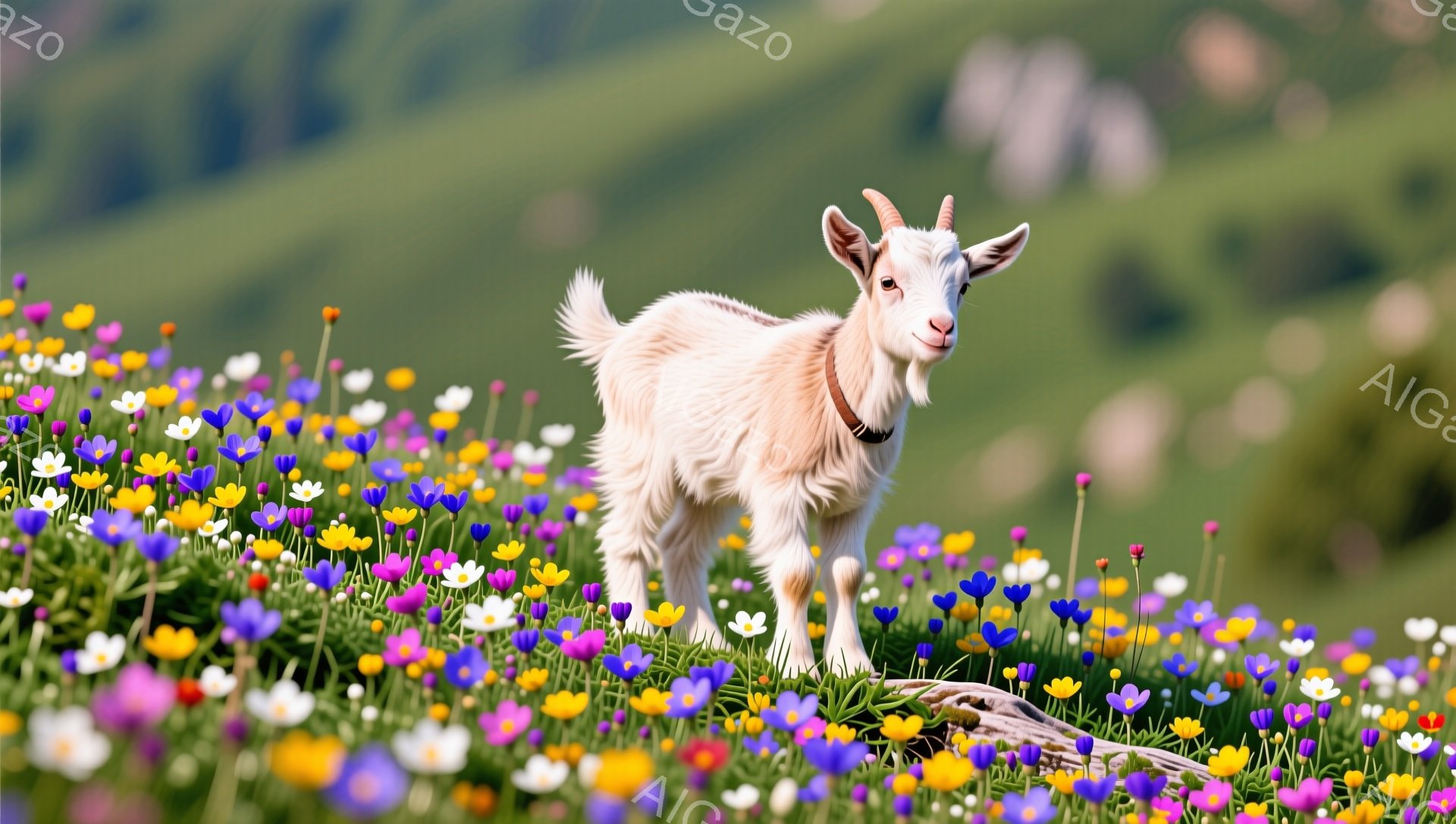 白い子ヤギが、色とりどりの花々が咲き乱れる草原の中に立っている。少し戸惑ったような表情で、こちらを見つめている。背景には緑の丘が広がり、穏やかな春の日の雰囲気が感じられる。