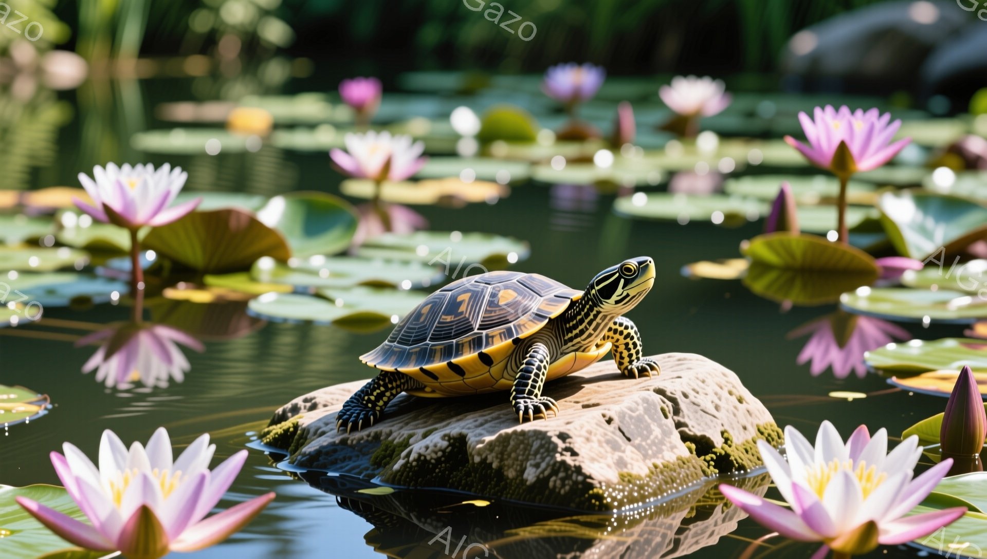 日当たりの良い池で、カメが岩の上に座っています。周囲にはピンク色の睡蓮の花が咲き乱れ、穏やかな雰囲気が漂っています。水面は穏やかで、カメの姿を映し出しています。 - AI生成フリー素材