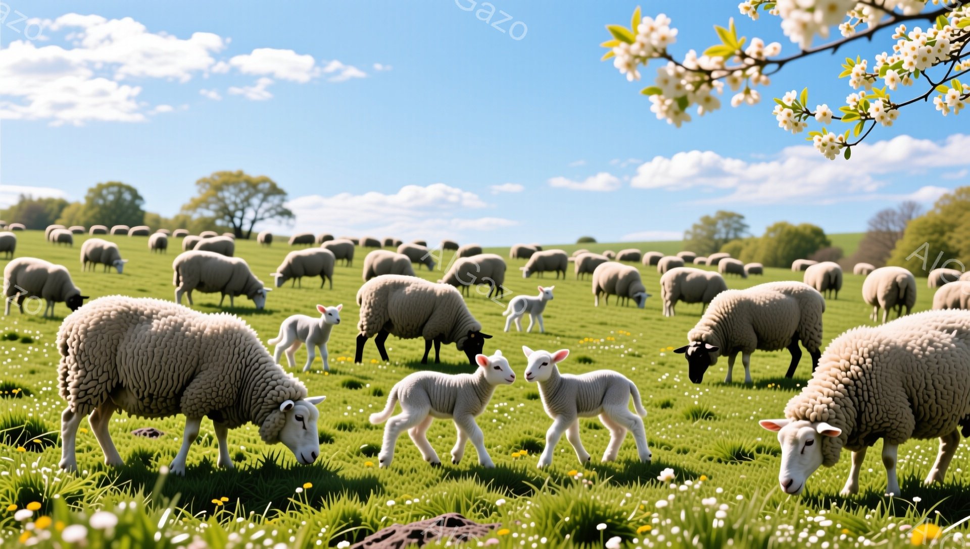 広大な緑の牧草地に、たくさんのヒツジが群れをなして草を食んでいる。子ヒツジが母ヒツジの周りを走り回り、春の暖かさと穏やかな雰囲気が感じられる。背景には木々が見え、空は澄み切っている。