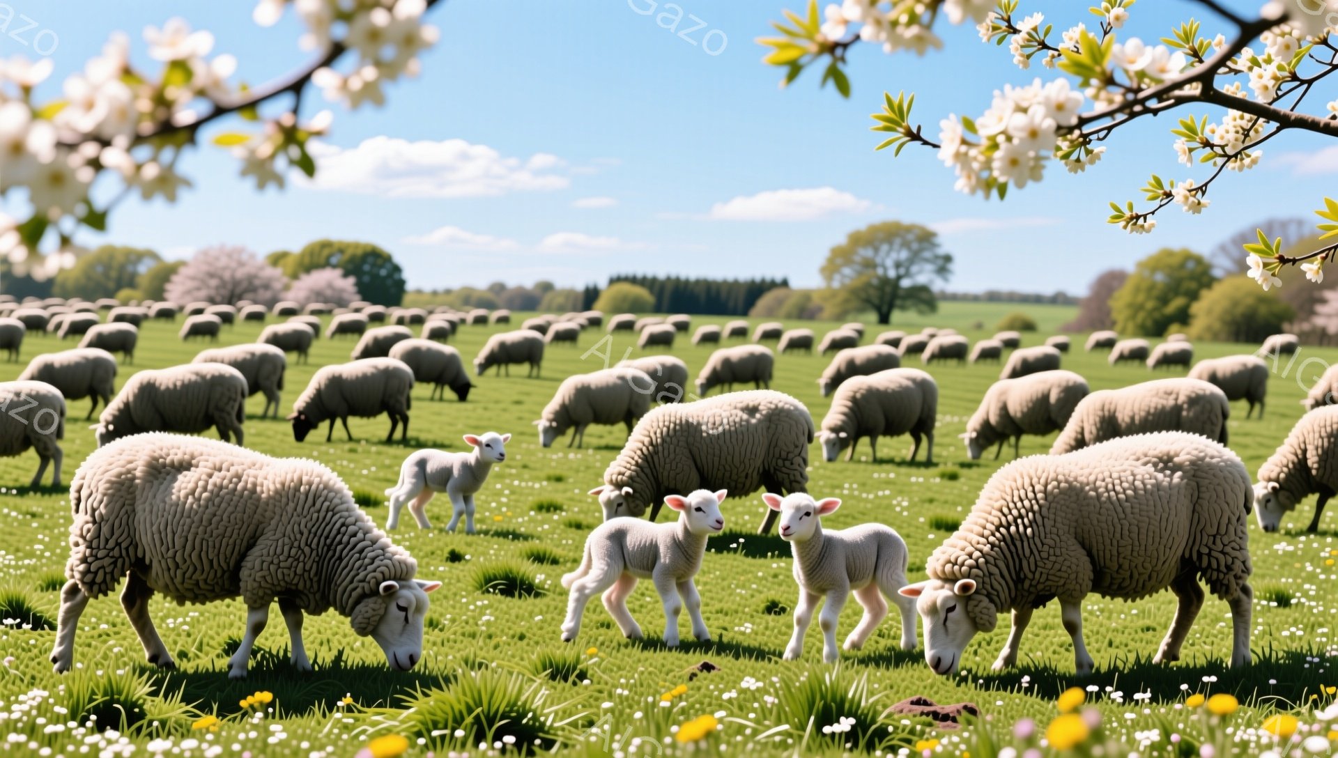 広大な緑の牧場にたくさんのヒツジが群れをなして草を食んでいます。ヒツジの周りには小さな白い花や黄色い花が咲き、春らしい穏やかな雰囲気が漂っています。遠景には木々が見え、青空と白い雲が広がっています。