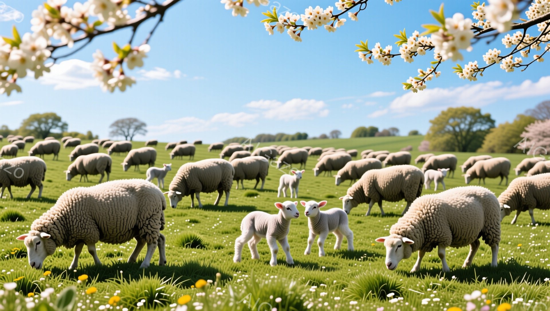 緑豊かな牧草地で多くのヒツジが草を食んでいます。太陽の光が降り注ぎ、ヒツジの白い毛並みが際立っています。背景には木々が見え、穏やかで平和な雰囲気が漂っています。