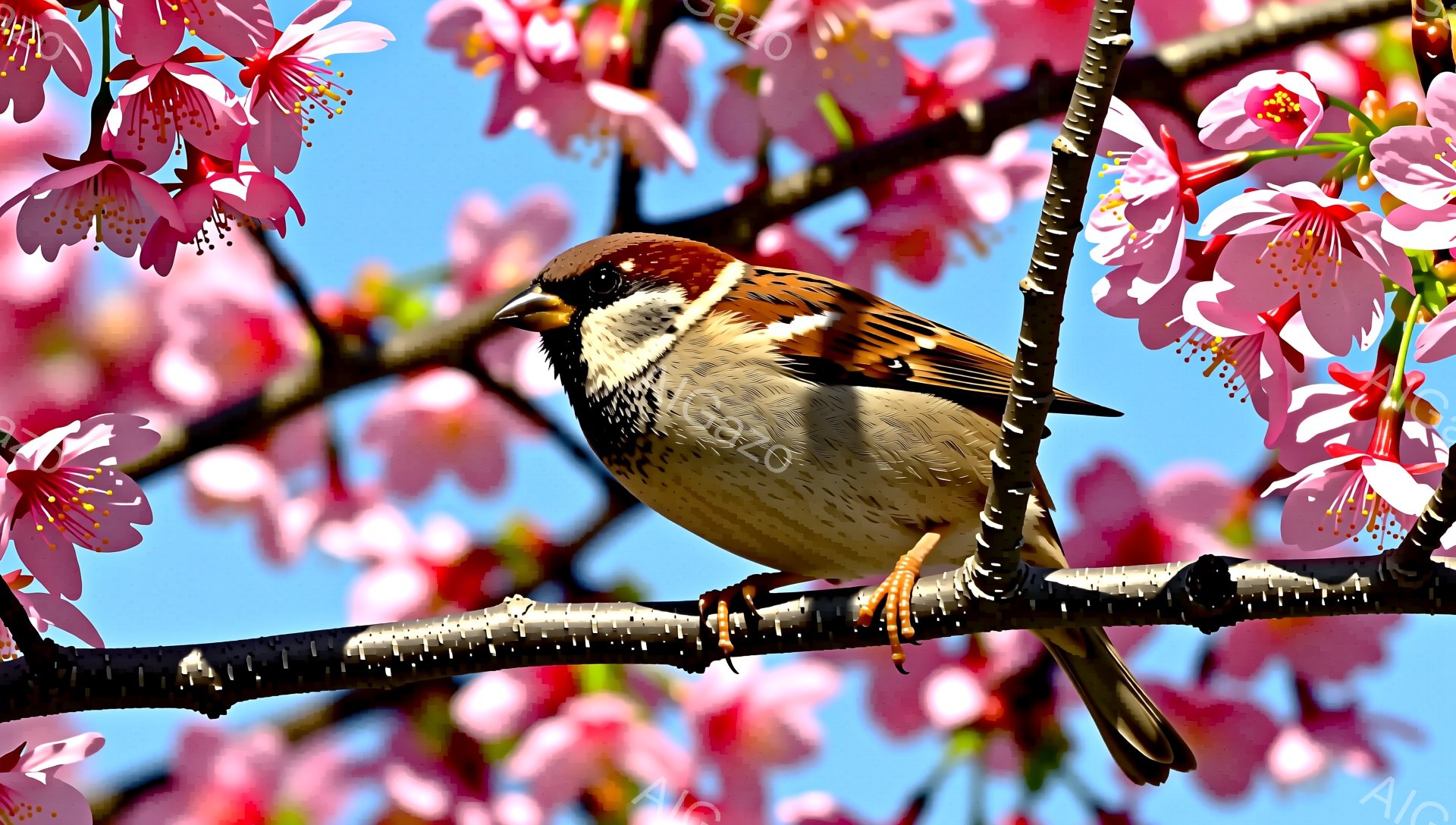 桜の枝にとまっているスズメが写っています。鮮やかなピンク色の桜の花が背景を彩り、スズメの茶色い羽毛とのコントラストが美しいです。春の暖かさと生命力を感じさせる、穏やかな光景です。