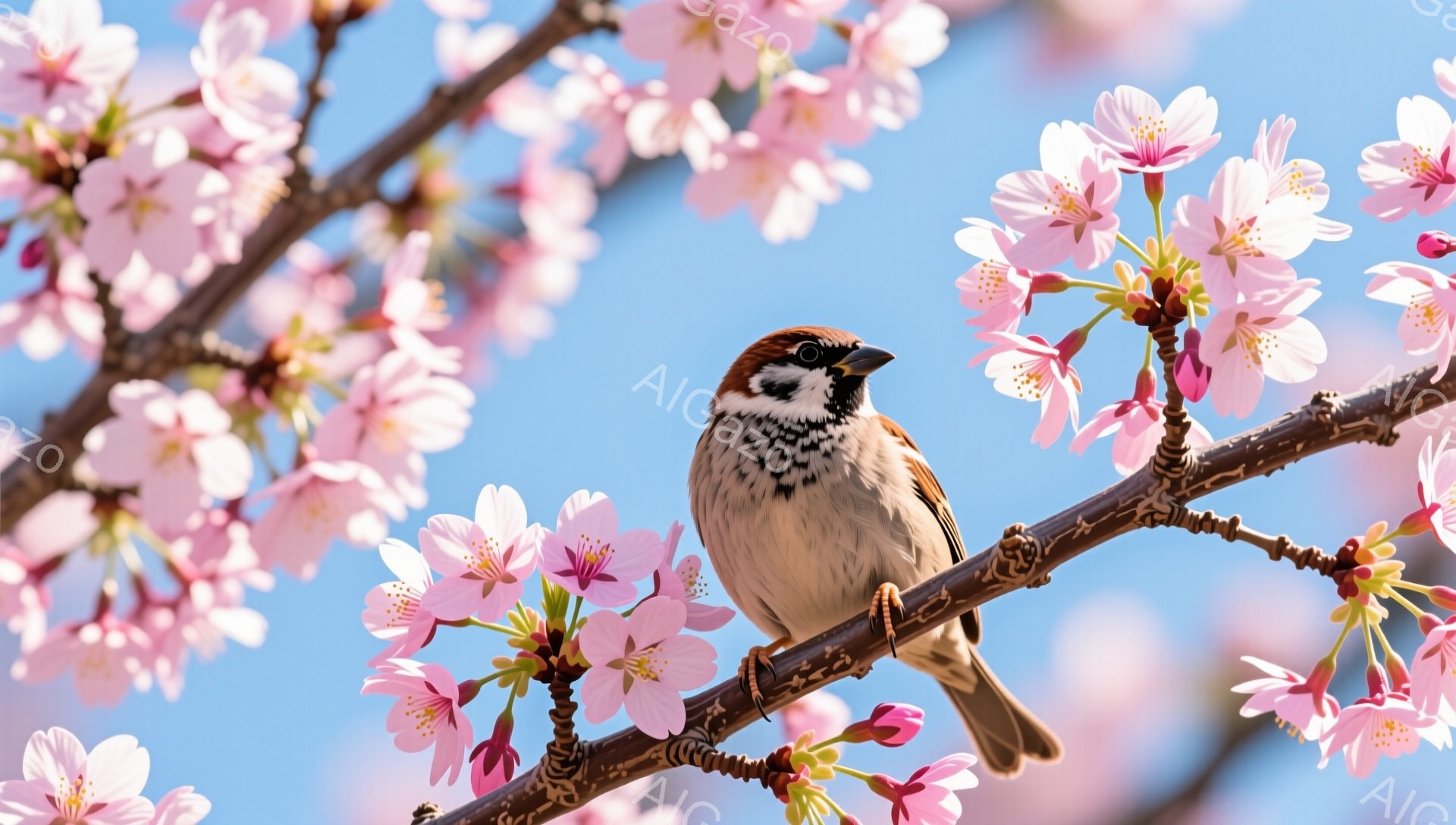桜の枝に一羽の雀が止まっています。淡いピンク色の花が咲き乱れ、青空を背景に春の穏やかな雰囲気を醸し出しています。鳥は右を向き、枝にしっかりと足を付けています。