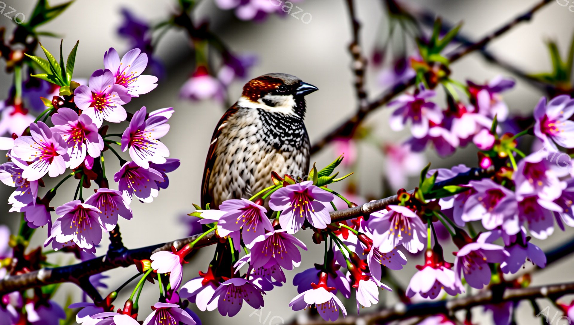 桜の枝にとまっている雀が写っている。ピンク色の花びらが背景を彩り、春の訪れを感じさせる穏やかな雰囲気である。雀の羽毛の模様が詳細に表現されており、自然の美しさが際立っている。