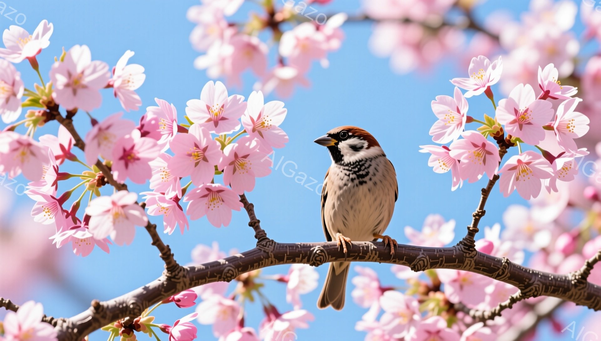 小枝にスズメがとまっており、背景には桜の花が咲き乱れている。青空が広がり、春の穏やかな雰囲気が漂う美しい風景だ。スズメは羽を綺麗に整え、こちらを見ているように見える。