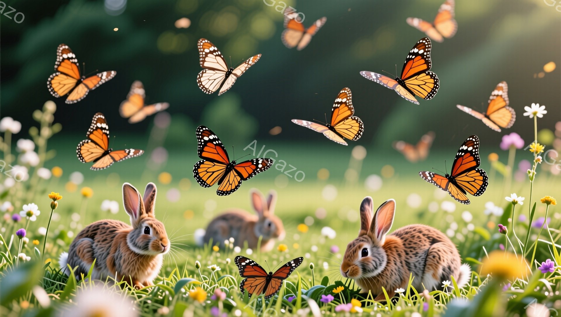 緑豊かな草原で、複数の蝶が舞い、可愛らしいウサギたちが草の間から顔を出している。ウサギたちは好奇心旺盛な表情で、蝶を追いかけているかのような様子が伺える。暖かい日差しとカラフルな花々が、平和で穏やかな雰囲気を醸し出している。