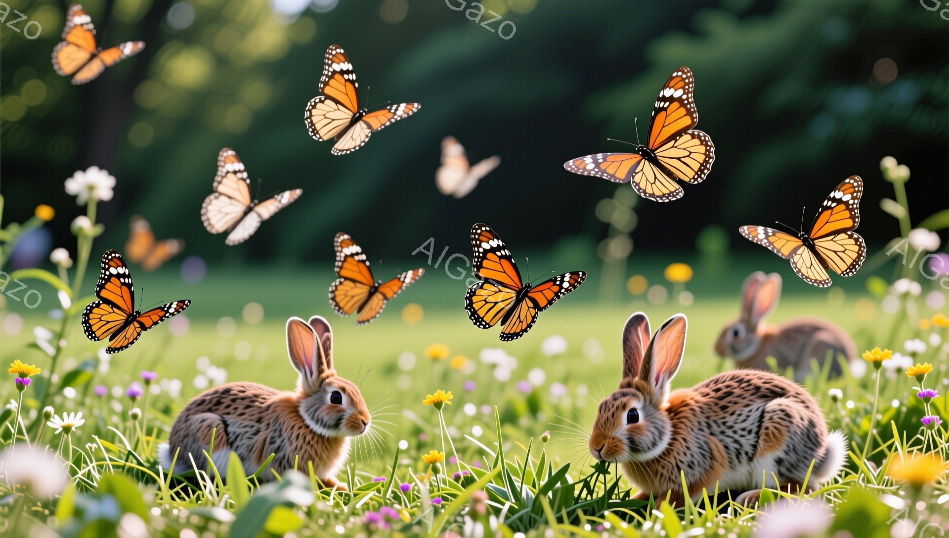 草原で蝶とウサギたちが戯れている様子が描かれています。ウサギたちは鮮やかな緑色の草の上で、花の間を移動しながら蝶を追いかけているようです。暖かい日差しが降り注ぎ、平和で牧歌的な雰囲気が感じられます。