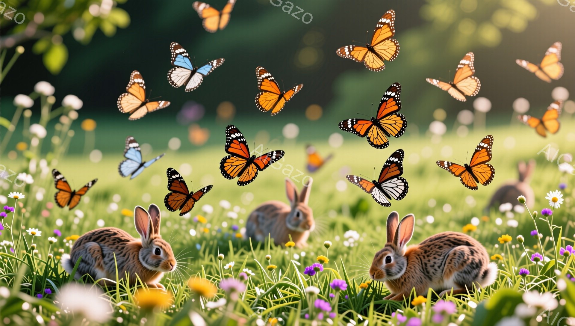 緑豊かな草地で、複数の蝶が舞い、可愛らしいウサギたちがリラックスして佇んでいます。ウサギたちは様々な方向に視線を向け、周囲の花々や蝶を観察しているようです。暖かく穏やかな雰囲気で、自然の美しさを感じさせる一枚です。