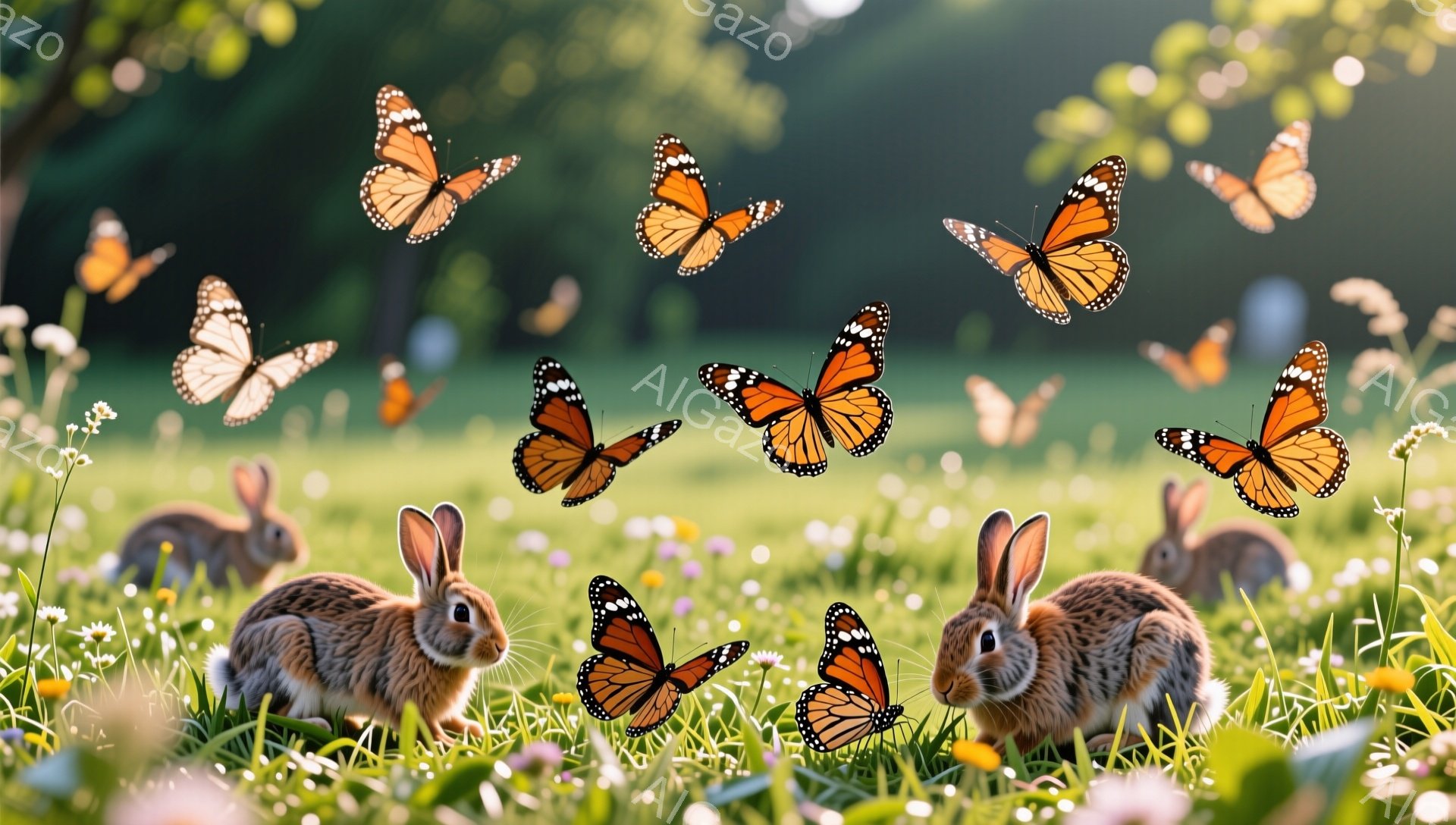 草原で蝶とウサギたちが戯れている様子が描かれています。日差しが暖かく、緑豊かな背景とカラフルな蝶が、穏やかで平和な雰囲気を醸し出しています。ウサギたちは可愛らしく、見る人の心を癒してくれるような光景です。