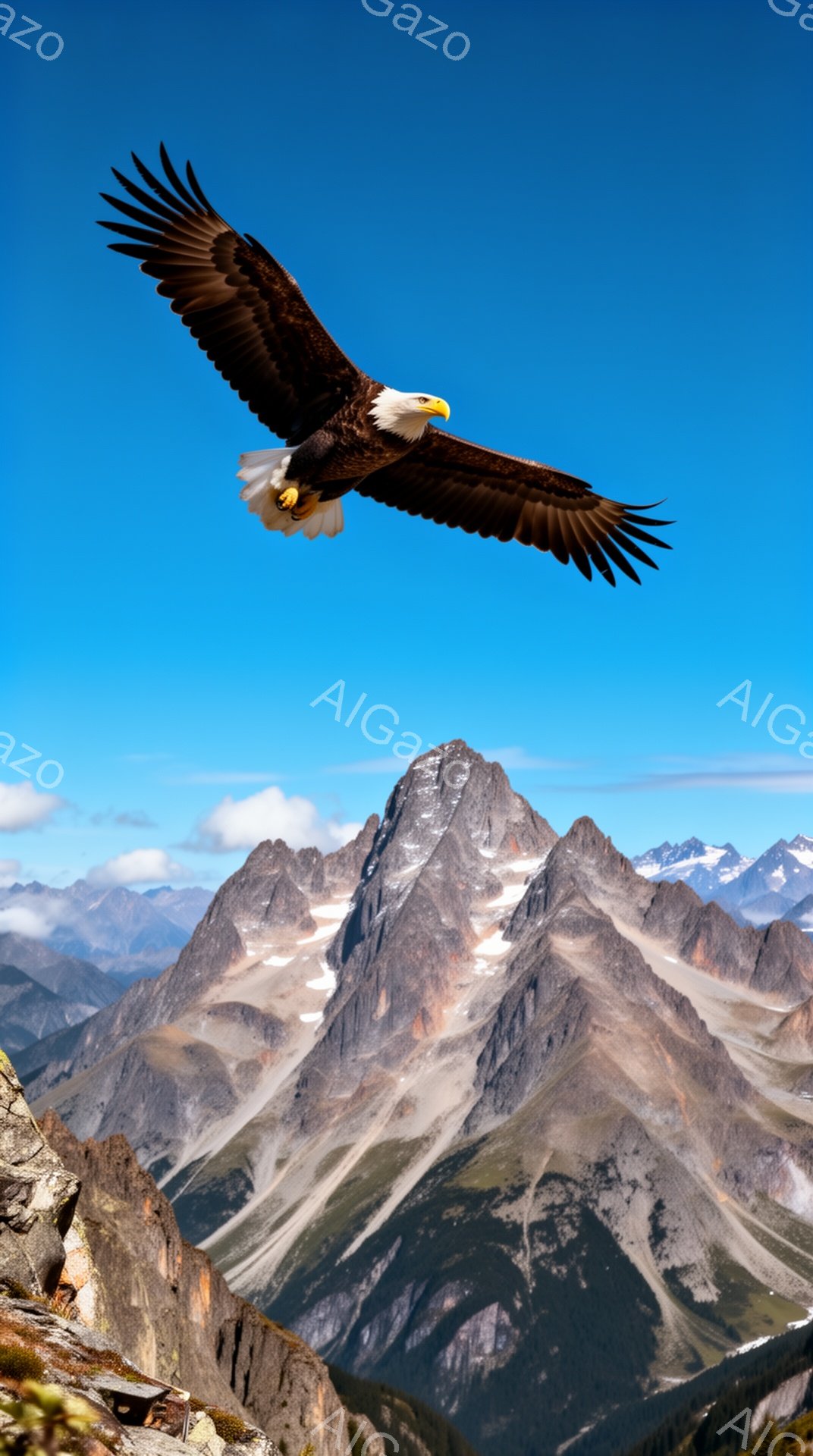青空を背景に、翼を広げたハゲワシが山の上を優雅に飛んでいる。険しい山々が背景に広がり、雄大な自然の風景が印象的だ。鮮やかな青空と山のコントラストが、力強さと静けさの両方を表現している。 - AI生成フリー素材