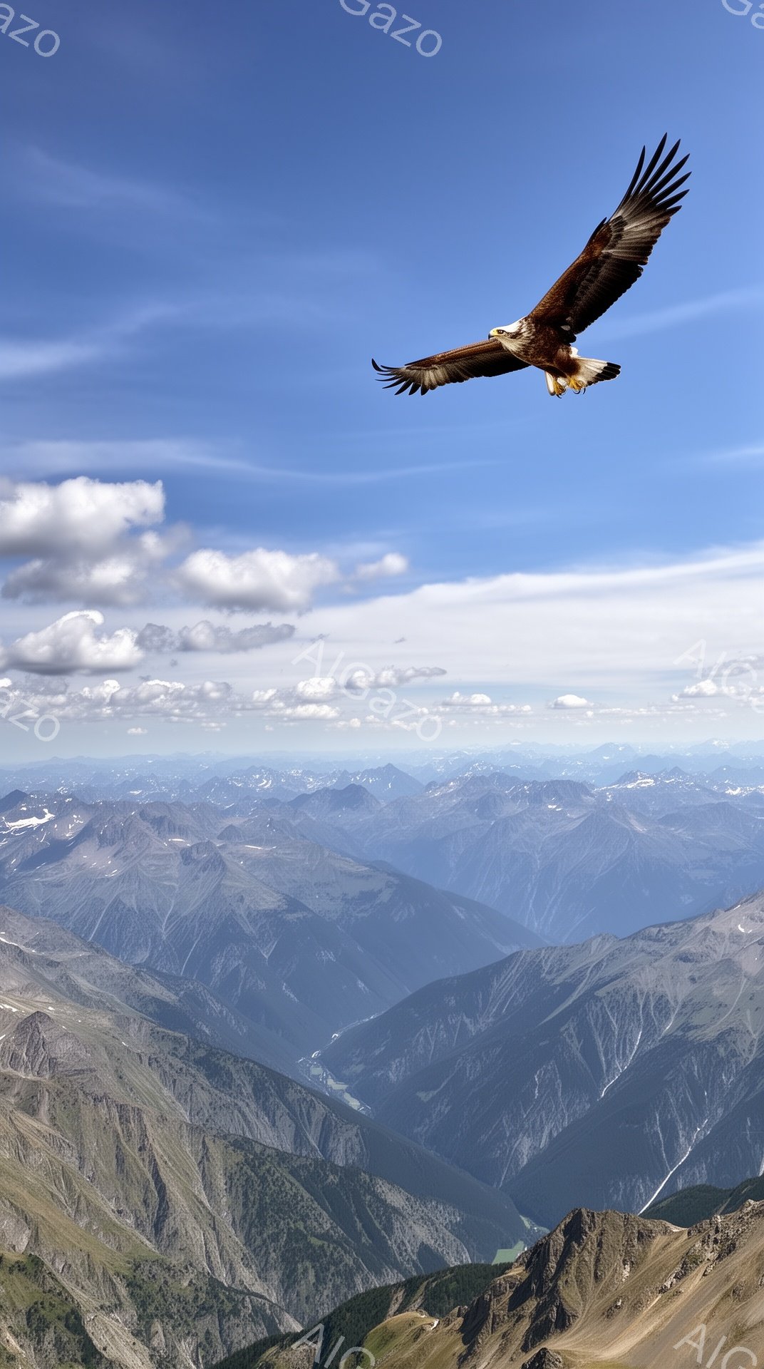 広大な山脈の上空を、翼を広げたワシが力強く飛んでいる。青空と白い雲が背景に広がり、山の緑と空の青のコントラストが美しい。雄大な自然の風景が、ワシの自由な姿と調和している。 - AI生成フリー素材
