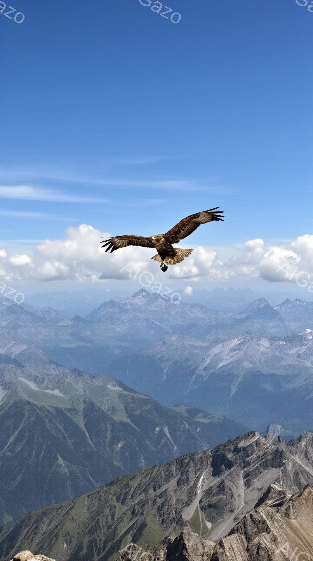 鮮やかな青空を背景に、巨大なワシが翼を広げて飛んでいる。眼下には、連なる山々の壮大な景色が広がり、自然の雄大さを感じさせる。ワシの力強い姿と美しい風景が調和し、見る者を圧倒する。 - AI生成フリー素材