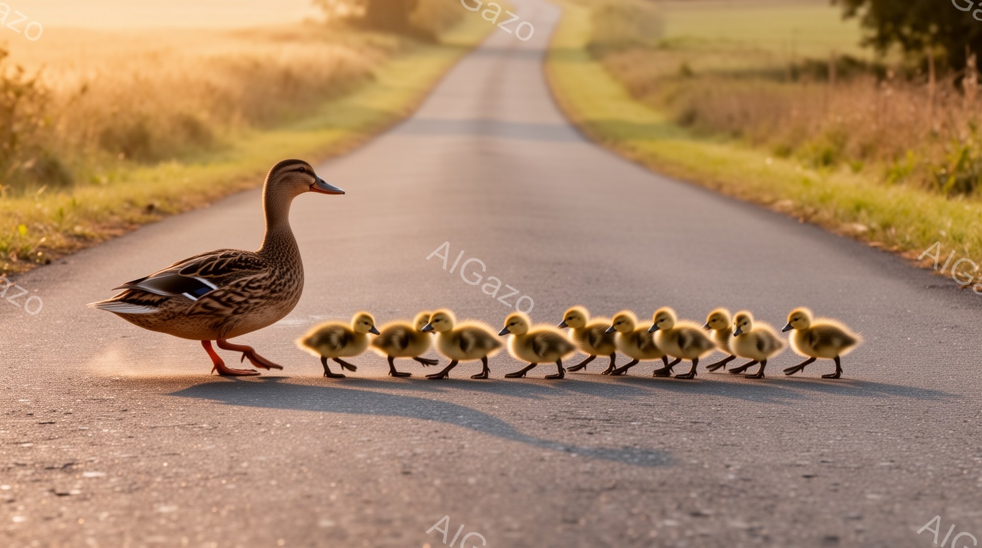 アヒルが子アヒルたちを先導してアスファルトの道を進んでいる。夕日の光が道と草原を照らし、温かく穏やかな雰囲気が漂う。母親アヒルは決然とした表情で、子アヒルたちは彼女の後ろで一列に並んでいる。