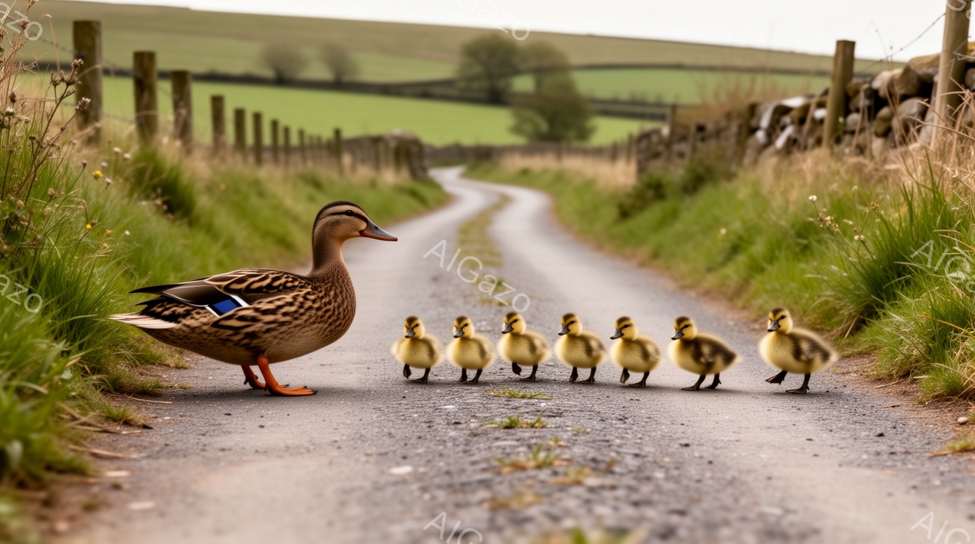 泥道にアヒル一羽とひなアヒルが列になって並んでいる。緑豊かな田園風景が背景に広がり、暖かく穏やかな雰囲気を醸し出している。アヒルは母性的な眼差しでひなアヒルたちを見守っている。