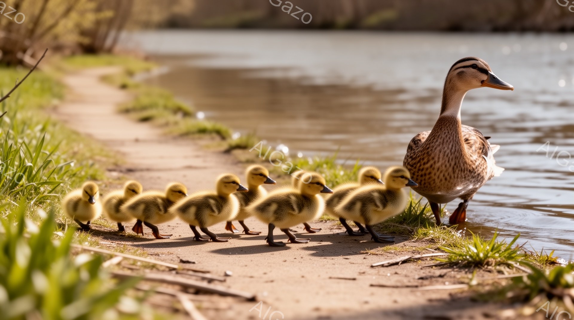 アヒルが子アヒルたちを連れて水辺を歩いている。母アヒルの羽は茶色と白の模様で、子アヒルたちはふわふわの黄色い毛並みを持っている。背景には緑の草と水が広がり、穏やかな春の日の光景が広がっている。