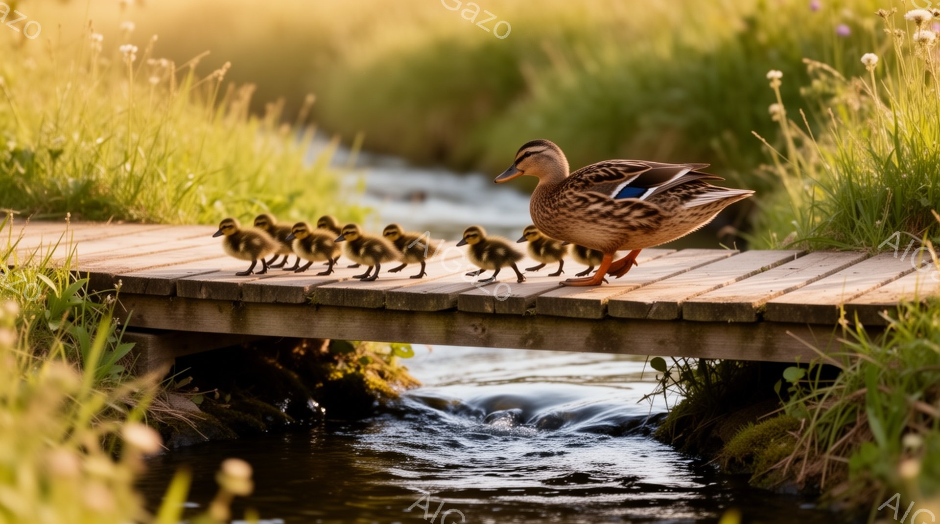 アヒルが一列になって小さな木製の橋を渡っています。親アヒルは先頭を歩き、後ろには可愛らしいヒナたちがついています。緑豊かな背景と、流れの美しい小川が穏やかな雰囲気を醸し出しています。 - AI生成フリー素材