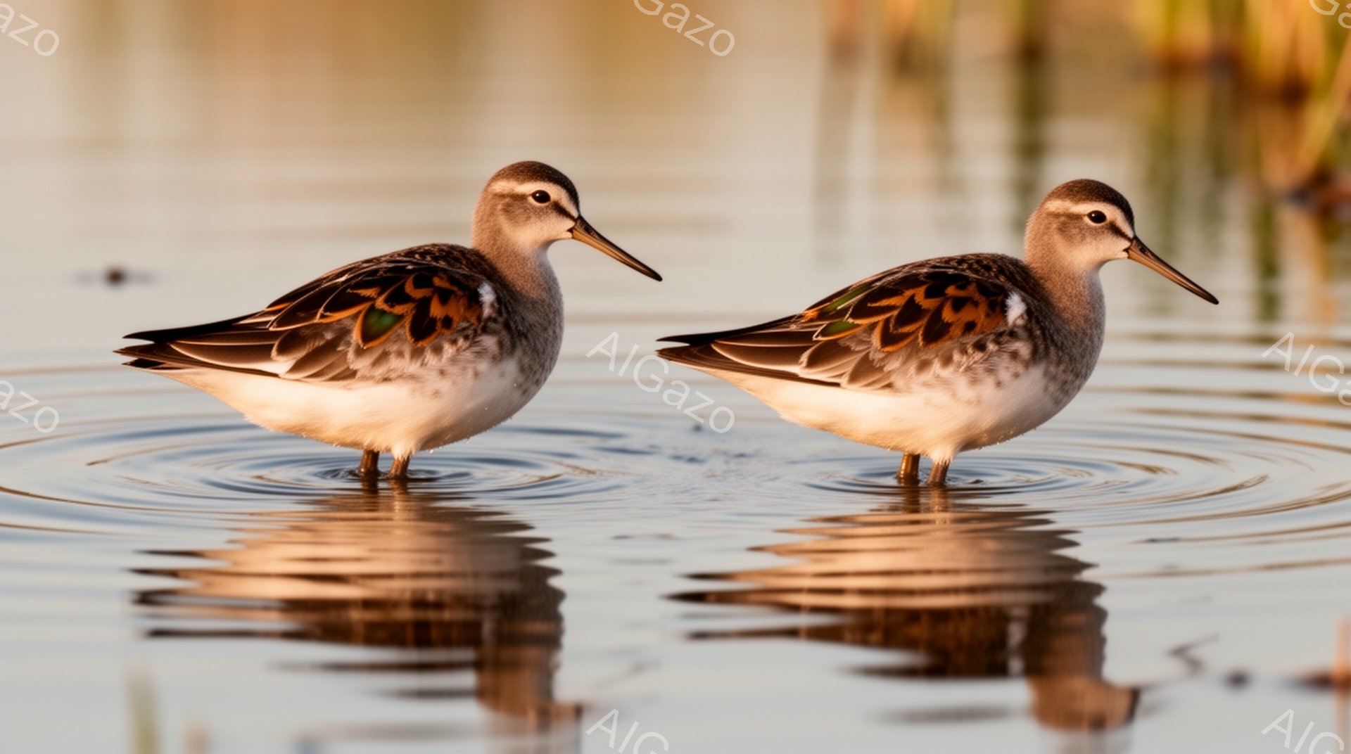 ２羽の鳥が水面を歩いている。水面に反射した姿が美しく、穏やかな雰囲気である。水は穏やかで、太陽光が水面で反射して金色に輝いている。