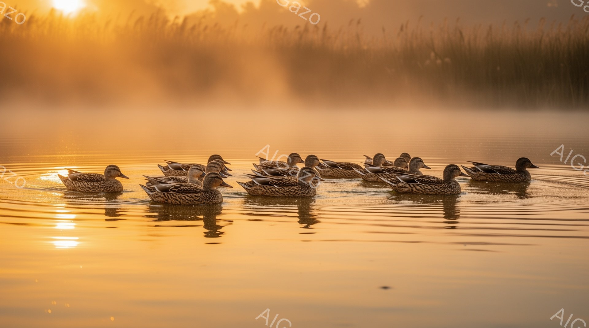 静かな水面に鴨の群れが浮かび、朝焼けが水面を金色に染めている。霧が立ち込め、幻想的な雰囲気を醸し出している。水面の波紋が、穏やかさと静寂を強調している。 - AI生成フリー素材