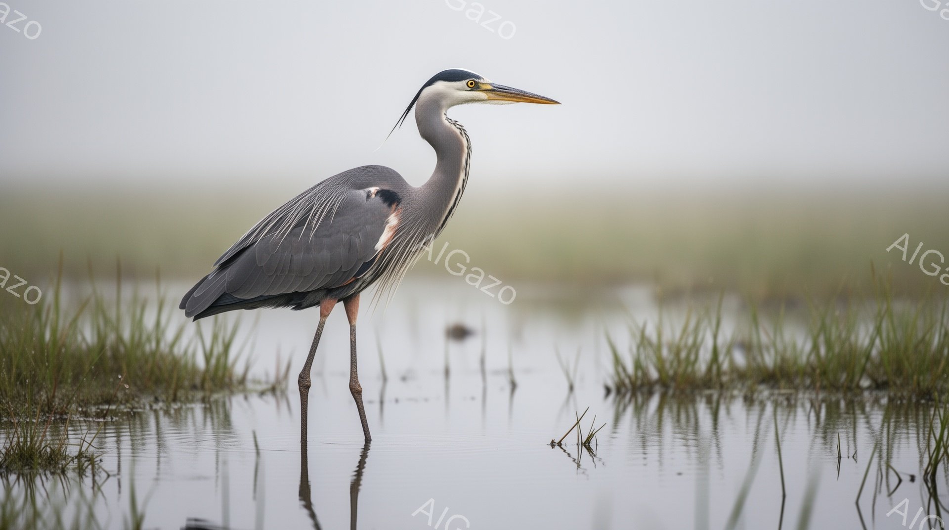 浅い水の中に、一羽のサギが静かに立っている。グレーと白の羽毛を持ち、黄色い嘴と鋭い眼差しが特徴的だ。水面にはその姿が映り込み、穏やかで霧がかった雰囲気が漂っている。 - AI生成フリー素材