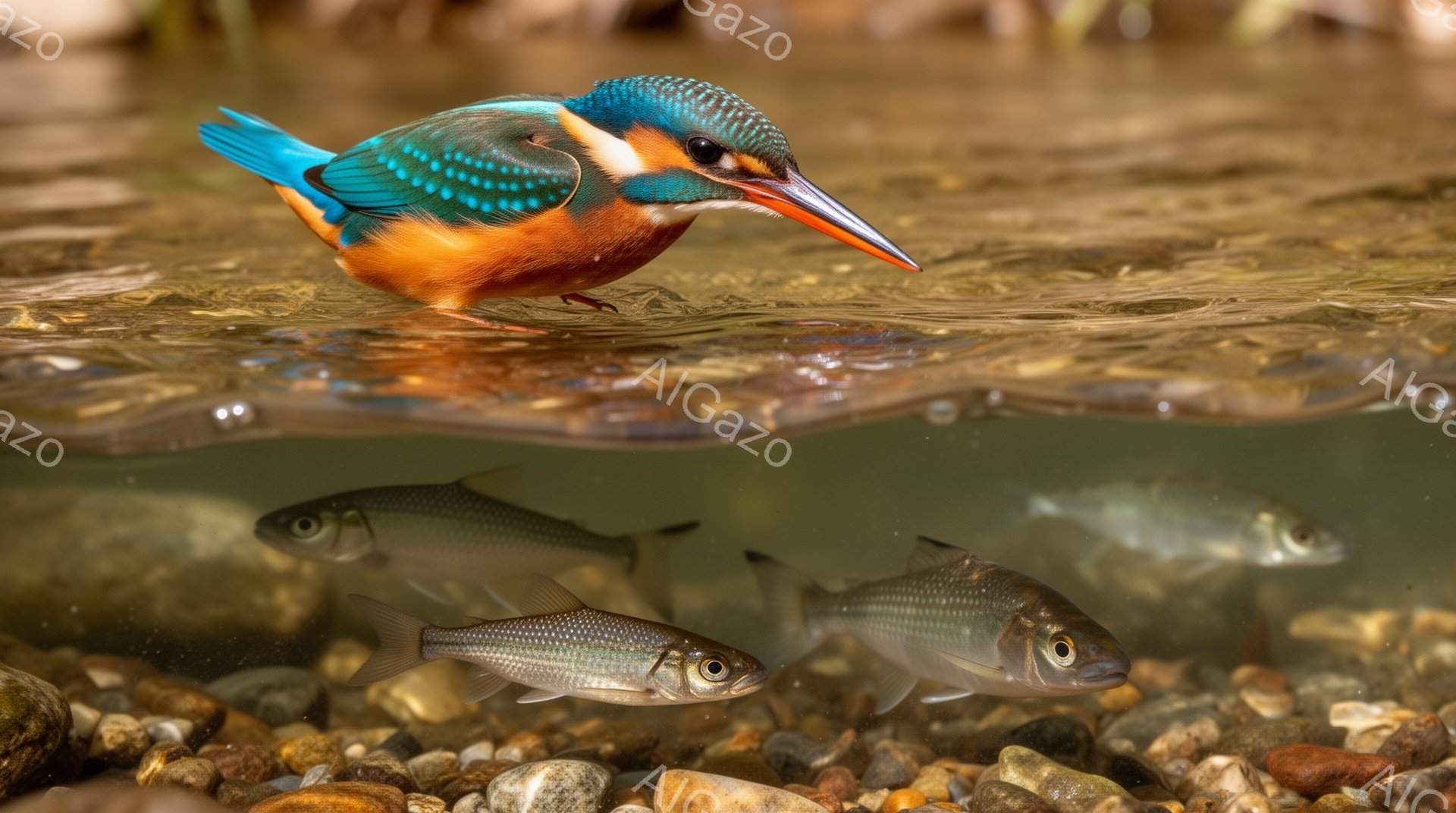 鮮やかな青とオレンジの体が美しいカワセミが、水面から飛び降りる瞬間を捉えた写真です。水面下には、カワセミが狙っていると思われる魚が数匹泳いでおり、狩りの様子が伺えます。水底の小石や水面の反射が、生き生 - AI生成フリー素材