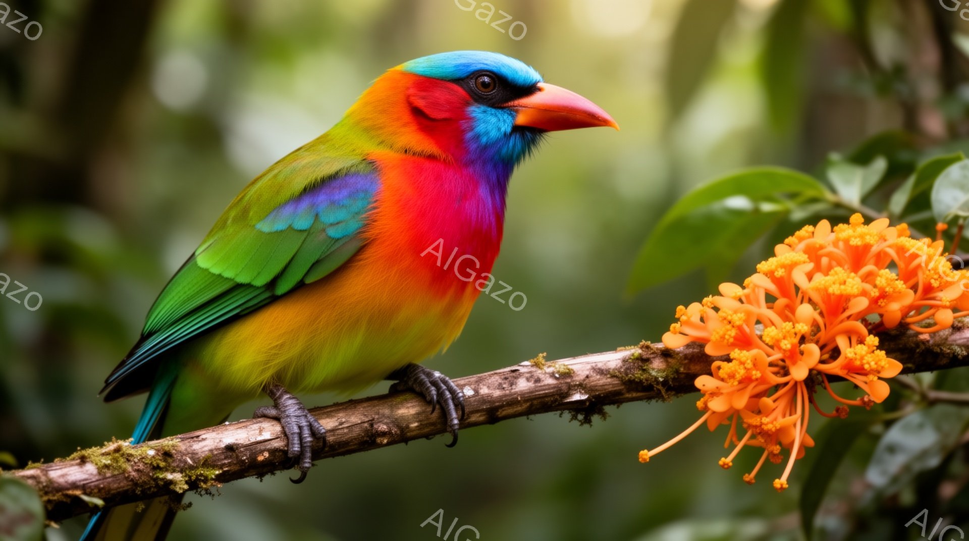 鮮やかな色の鳥が枝にとまっており、背景には緑豊かな植物が見えます。その鳥は頭部が青く、背中は緑、胸は赤とオレンジのグラデーションになっており、非常に美しいです。オレンジ色の花が隣に咲いており、自然の色彩が豊かに表現されています。