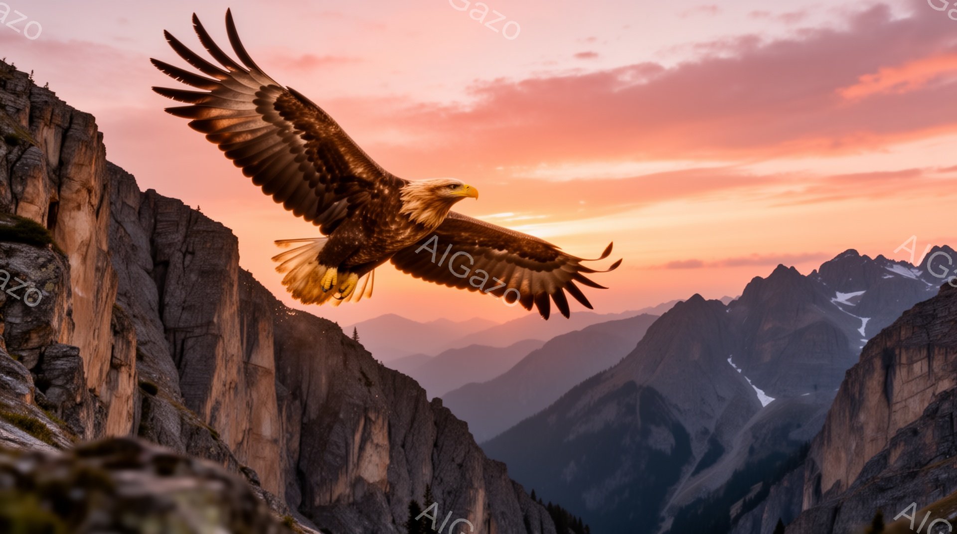 ヨセミテ渓谷の上空を、翼を広げた巨大なワシが飛んでいる。夕焼けの空が背景に広がり、谷間の山々と美しいコントラストを生み出している。自然の雄大さを感じさせる、力強く美しい光景だ。 - AI生成フリー素材