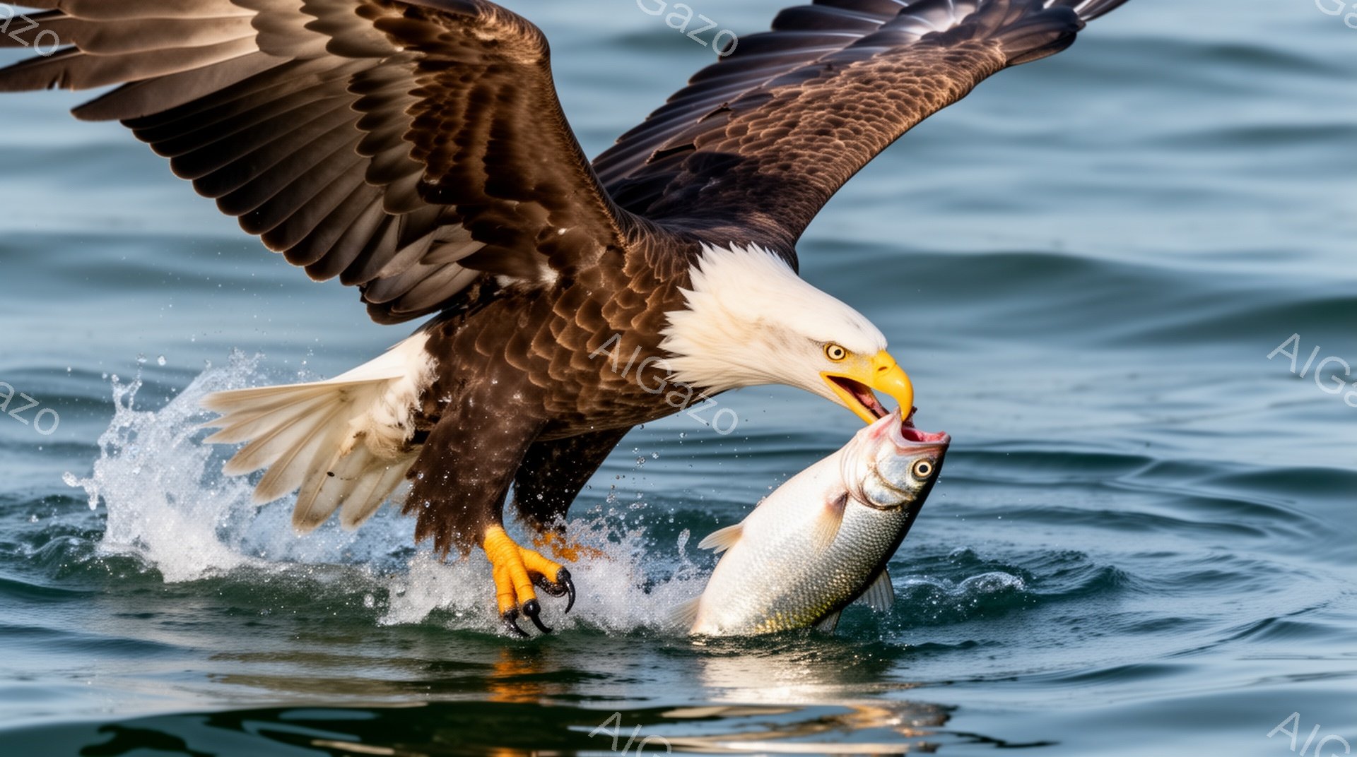 広大な水面から舞い上がり、獲物を掴んだアメリカワシが描かれている。鋭い爪で魚をしっかりと捉え、力強く羽ばたいている姿は、自然の力強さを象徴している。水しぶきが飛び散り、その一瞬を捉えたダイナミックな構図が印象的だ。