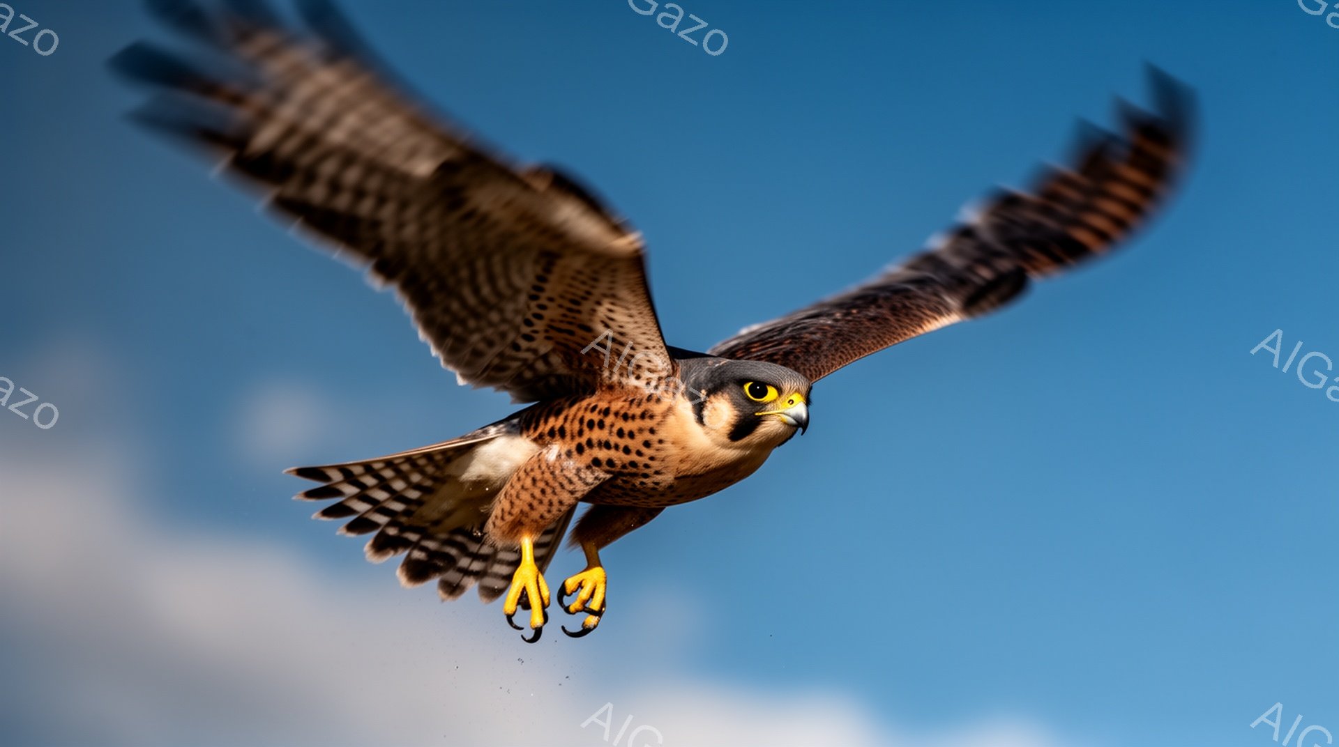 鮮やかな青空を背景に、翼を広げた猛禽類のハヤブサが描かれている。鋭い爪と力強い翼は、その敏捷性と狩りの本能を表現している。太陽光が羽毛を照らし、生き生きとした躍動感を与えている。