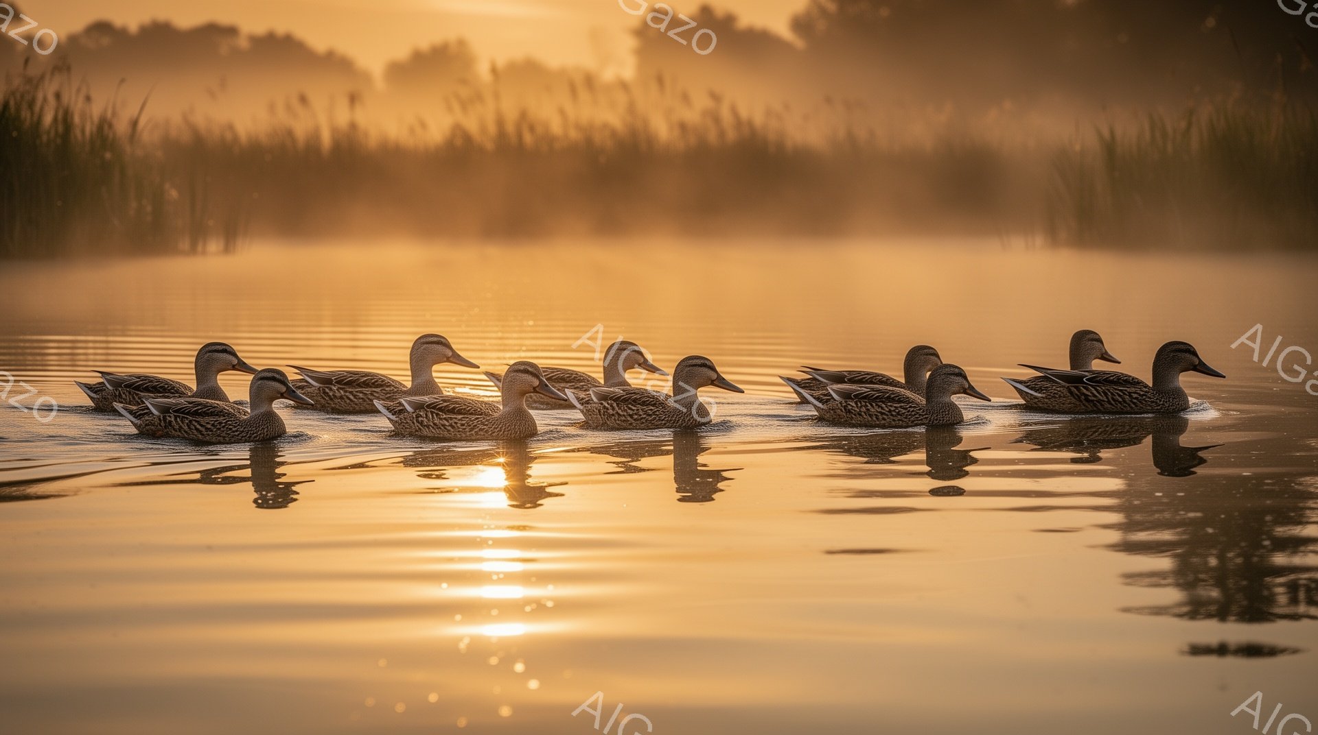 静かな水面に鴨の行列が浮かんでいる。朝日の光が水面を照らし、幻想的な雰囲気を醸し出している。背景には霧がかかり、自然の美しさが際立っている。 - AI生成フリー素材