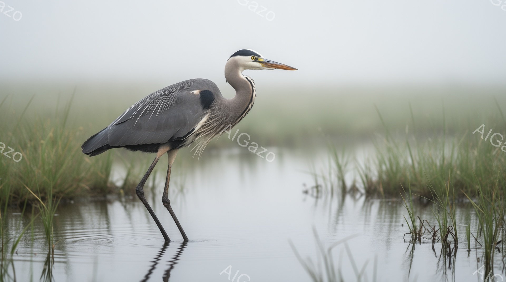 アオサギが浅い水中に立ち、静かに獲物を狙っている。周囲は霧に包まれ、背後の草むらはぼんやりと緑色に見える。水面にはその姿が映り込み、穏やかな雰囲気を醸し出している。