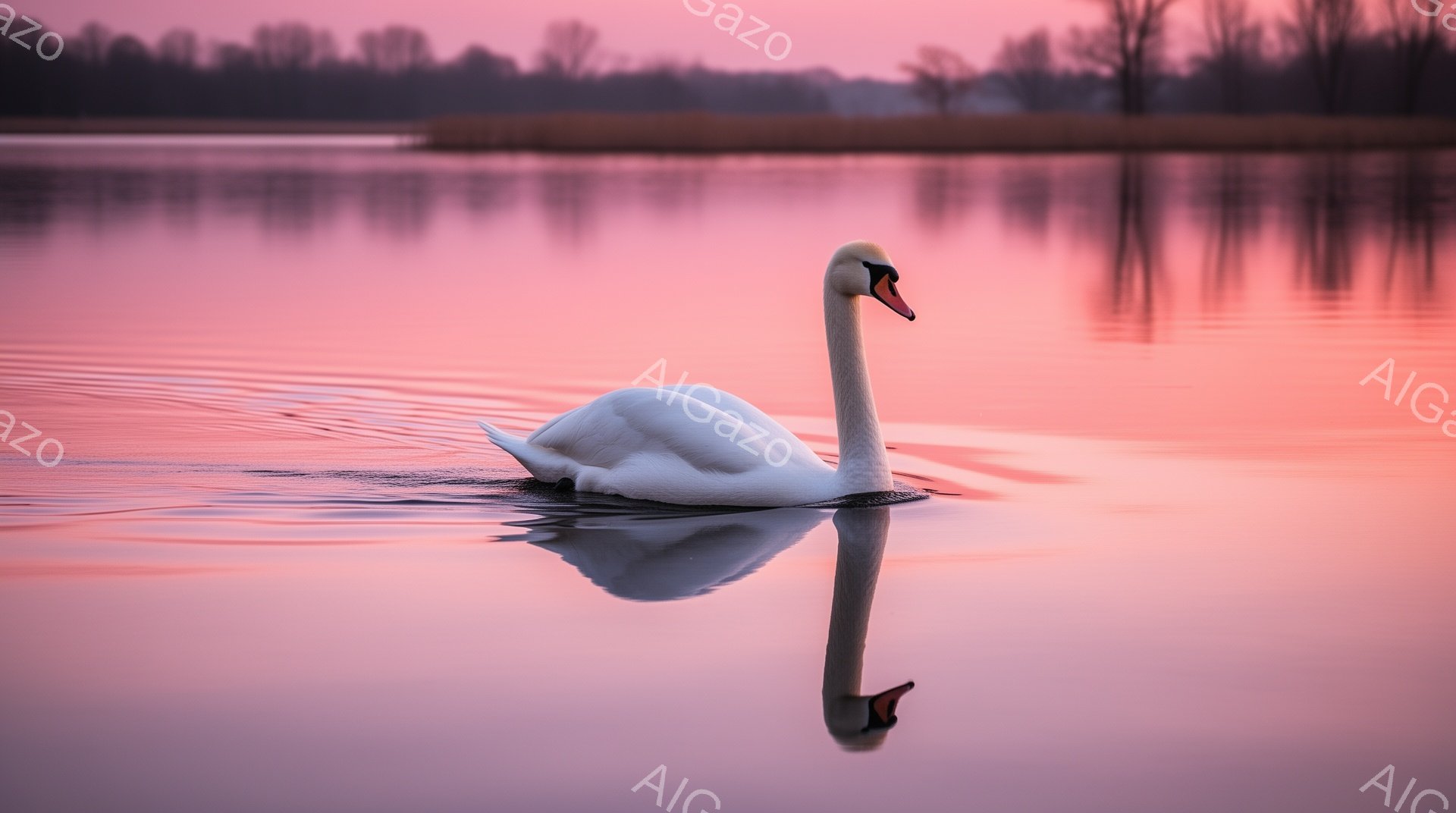 白い白鳥が穏やかな水面を優雅に泳いでいる。夕焼けの空が水面に反射し、ピンク色に染まった美しい光景だ。背景にはぼんやりと木々が見え、静寂で幻想的な雰囲気を醸し出している。 - AI生成フリー素材