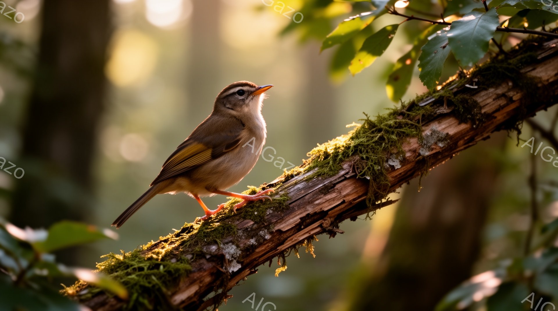 緑豊かな背景に、緑がかった茶色の鳥が苔むした木の枝にとまっています。鳥は横向きで、鮮やかなオレンジ色の足が目立ち、背景の緑とのコントラストが美しいです。太陽の光が差し込み、穏やかで自然な雰囲気を醸し出しています。