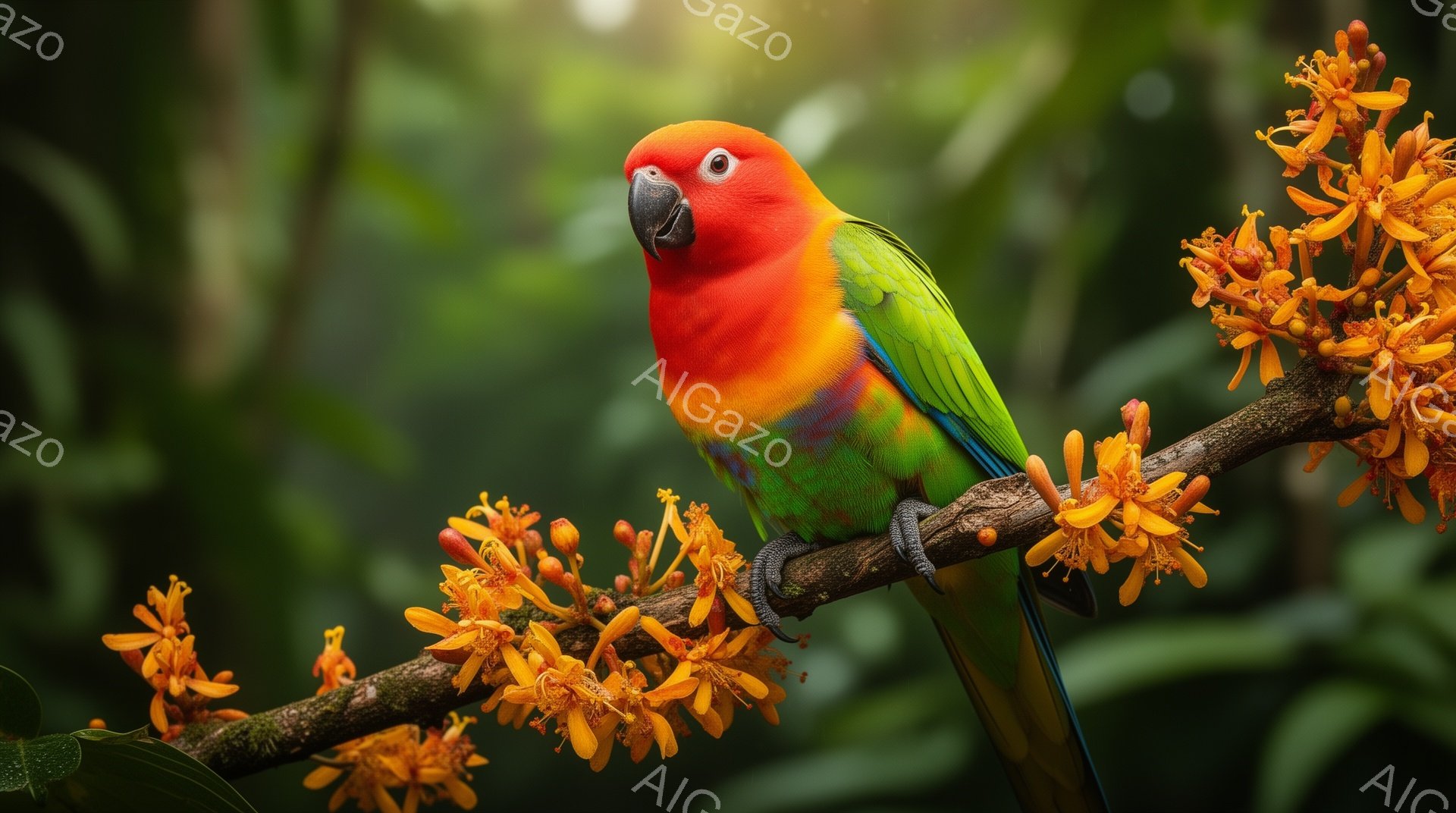鮮やかな緑、赤、青の羽を持つコンゴウインコが、オレンジ色の花が咲く枝にとまっている。光が差し込み、背景の緑とインコの羽の色を際立たせ、暖かい雰囲気を醸し出している。インコは正面を向き、その表情は穏やかで、まるでモデルのように見える。