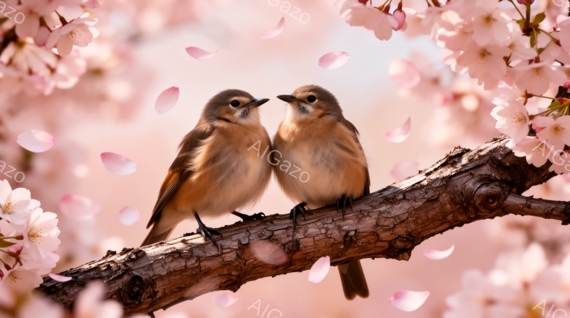 桜の枝に二羽のスズメが寄り添って止まっています。周りには桜の花びらが舞い、春の穏やかな雰囲気を醸し出しています。暖かく優しい光が、鳥たちを照らし出しています。