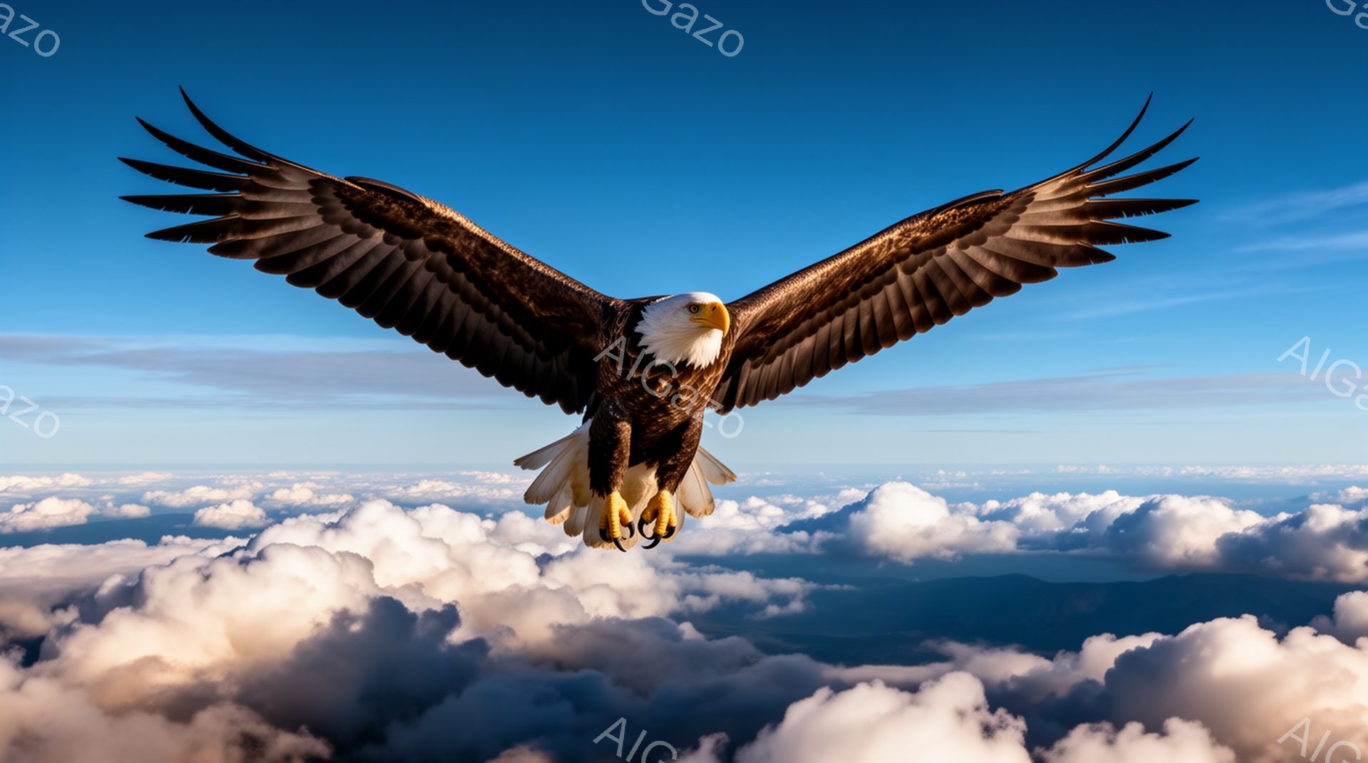 広大な雲海を背景に、雄大な白頭ハゲワシが翼を広げて飛翔している。その鋭い眼差しは遠くを見据え、力強く、自由な姿が印象的だ。青空と白い雲のコントラストが、ハゲワシの威厳をさらに引き立てている。 - AI生成フリー素材
