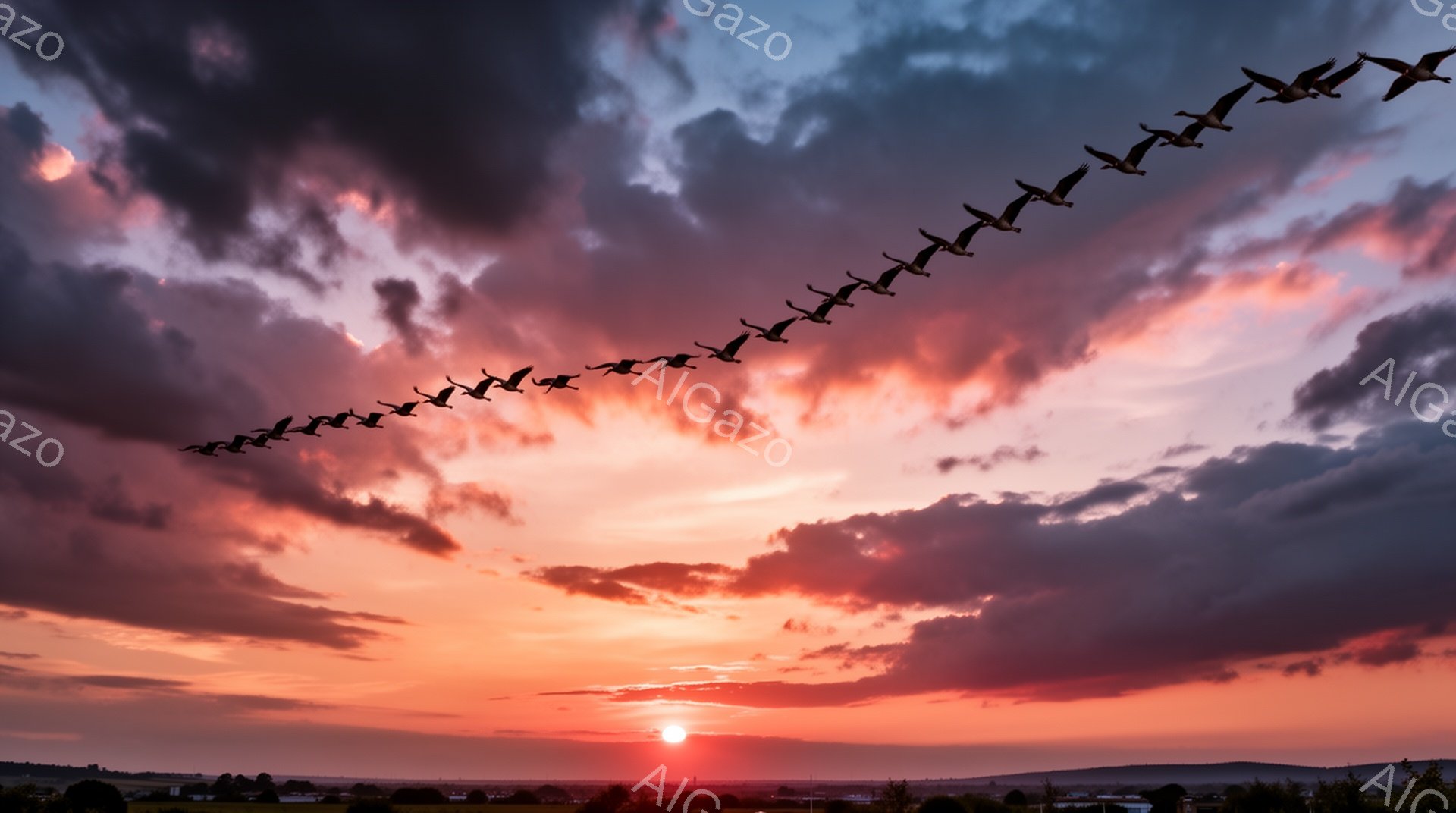 明るい夕焼け空をV字型に飛ぶ鳥たちの群れが印象的な風景です。地平線には太陽が沈みかけ、空は赤、オレンジ、紫の色で染まっています。穏やかで平和な雰囲気が漂い、自然の美しさを感じさせます。
