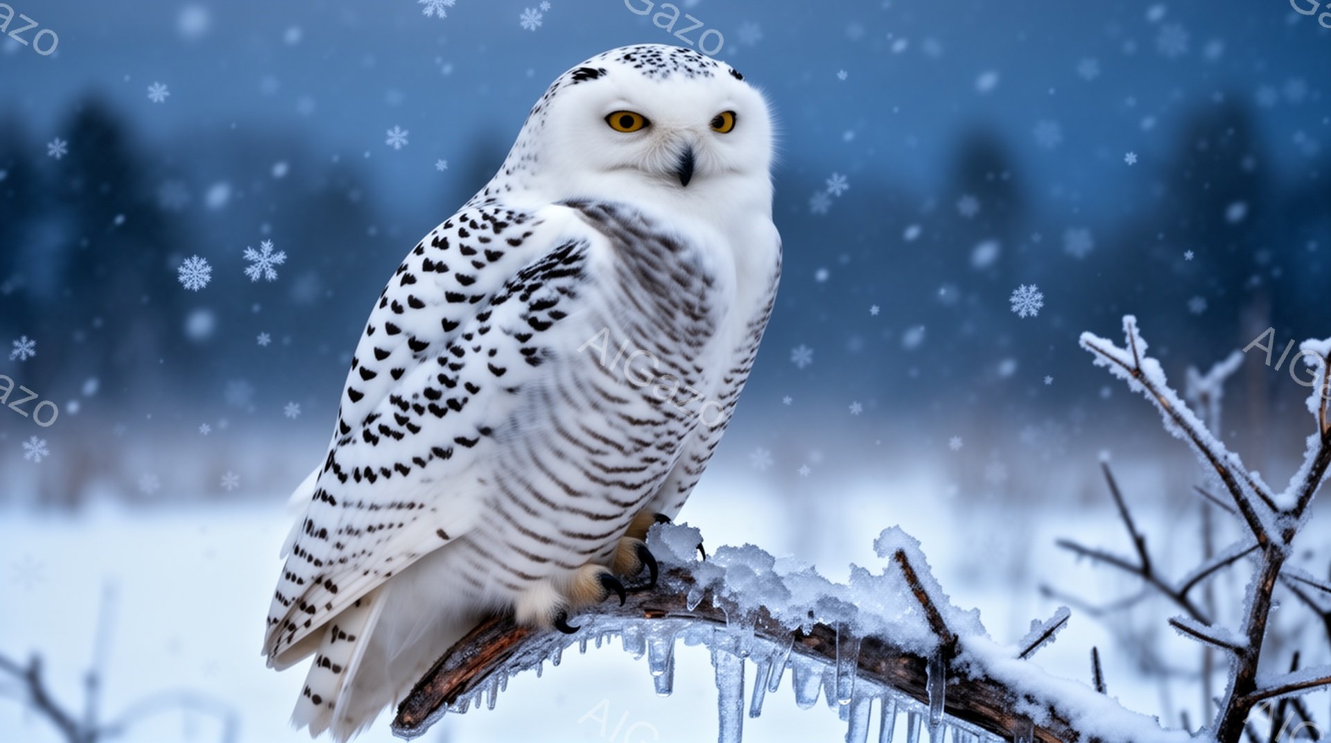 雪の降る寒い日に、白いフクロウが氷のついた木の枝にとまっている。そのフクロウは鋭い眼差しで何かを見つめ、冬の静寂に溶け込んでいる。雪景色とフクロウの白い羽毛がコントラストを生み出し、幻想的な雰囲気を醸 - AI生成フリー素材